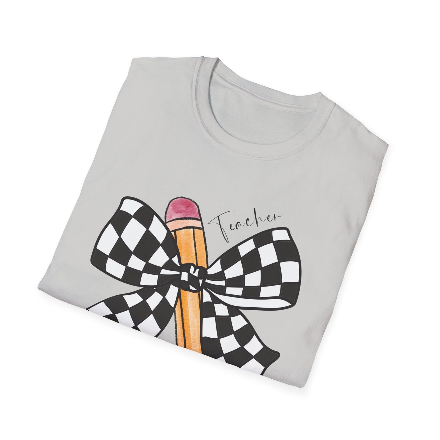 Checkered Bow + Pencil- Teacher Tee- Softstyle Unisex Tee