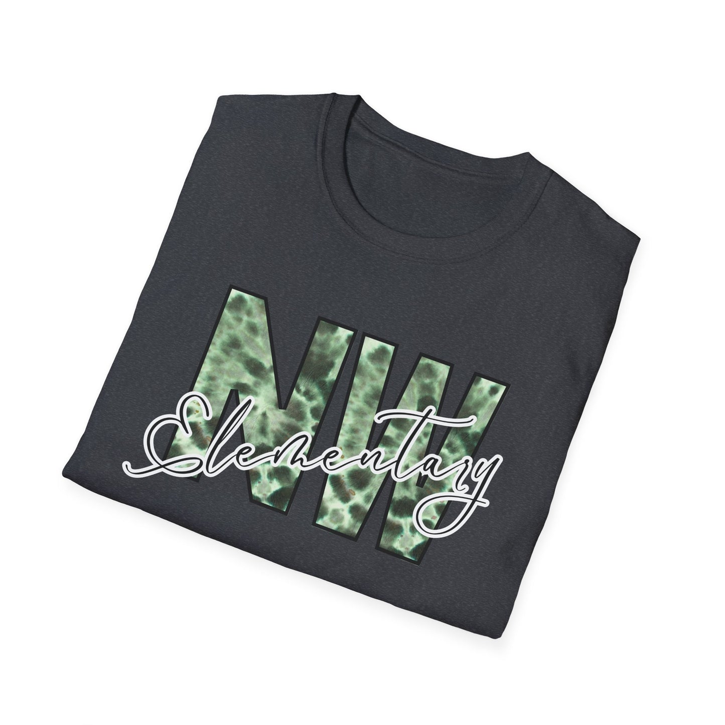 Tie Dye Woodhull Stylish Unisex Softstyle T-Shirt with Woodhull Elementary Design