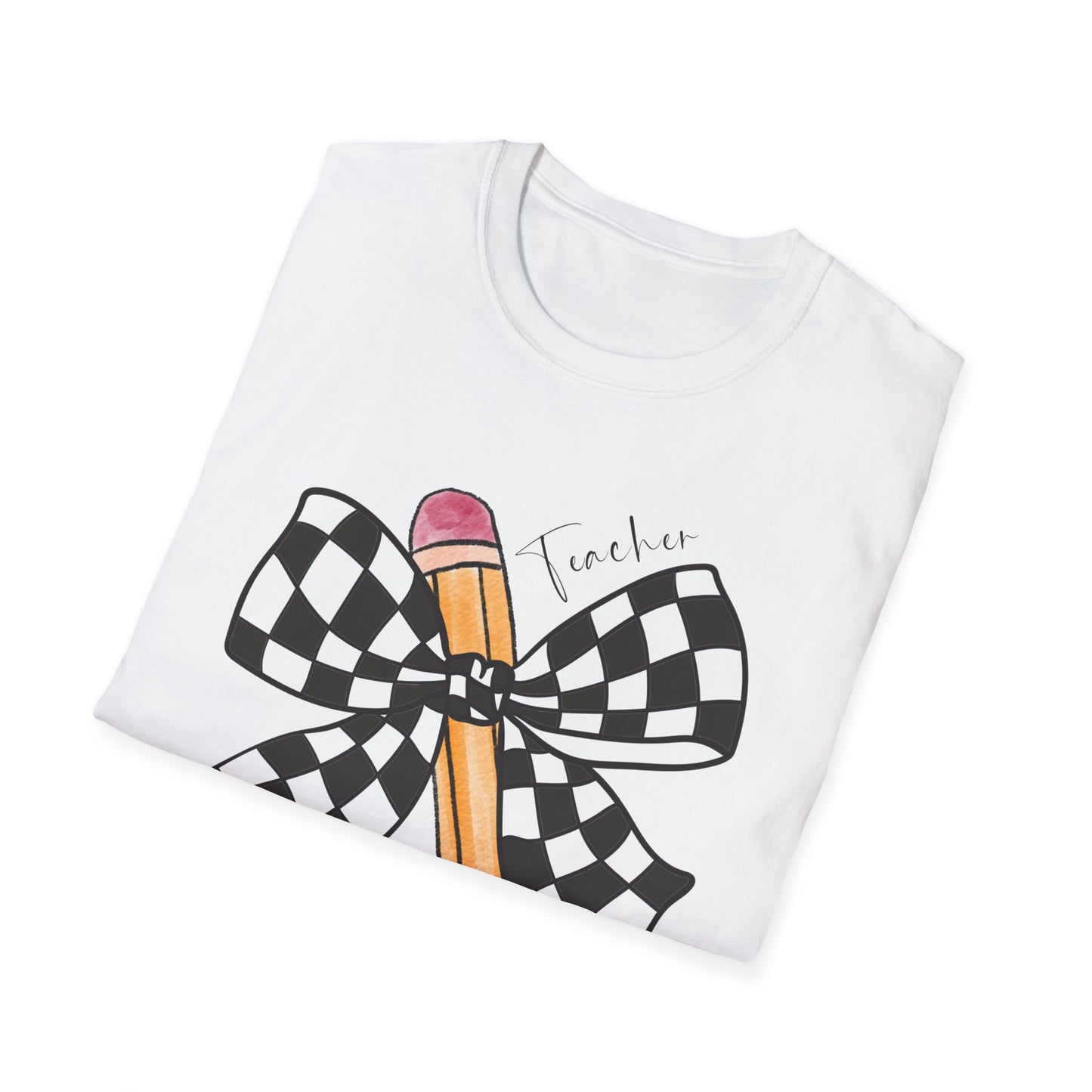 Checkered Bow + Pencil- Teacher Tee- Softstyle Unisex Tee