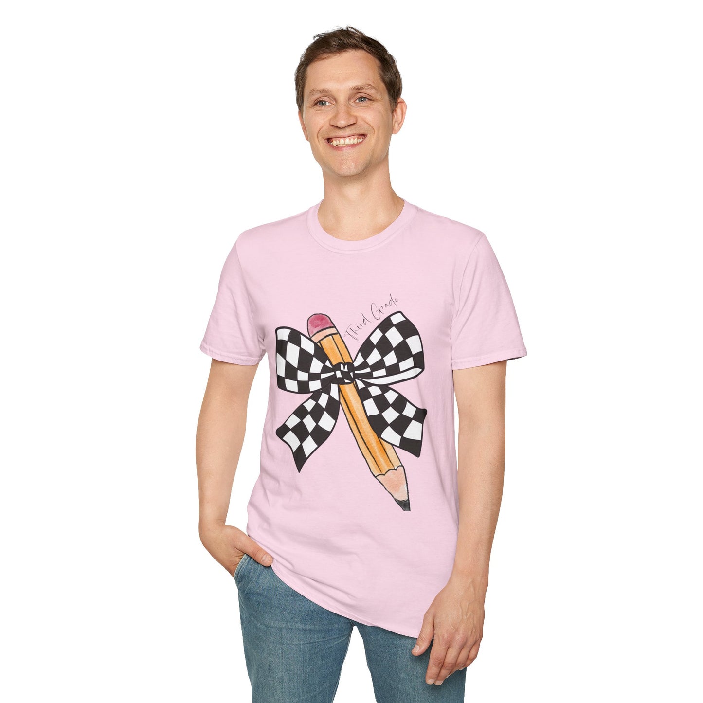 3rd Grade- Checkered Bow + Pencil- Teacher Tee- Softstyle Unisex Tee