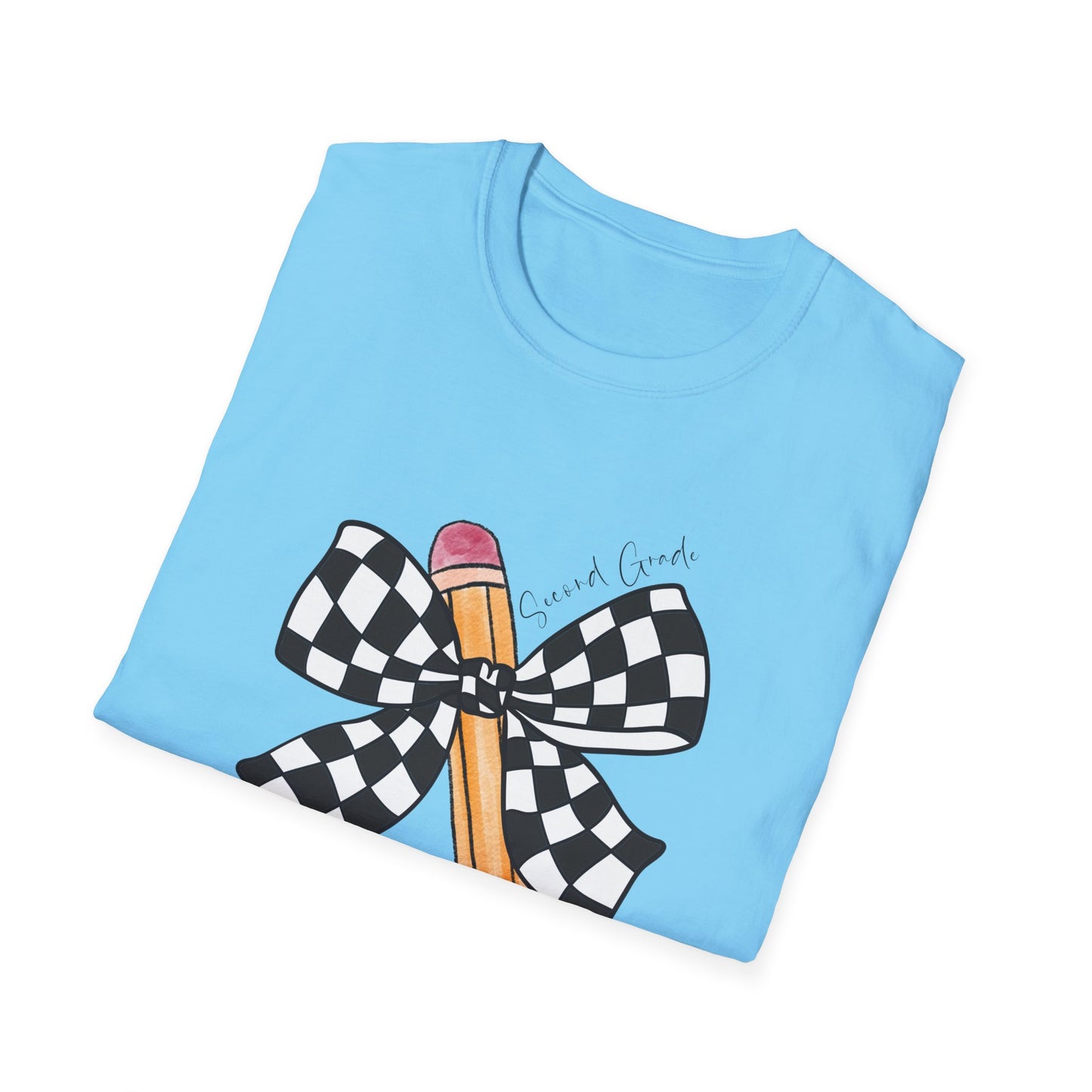 2nd Grade- Checkered Bow + Pencil- Teacher Tee- Softstyle Unisex Tee