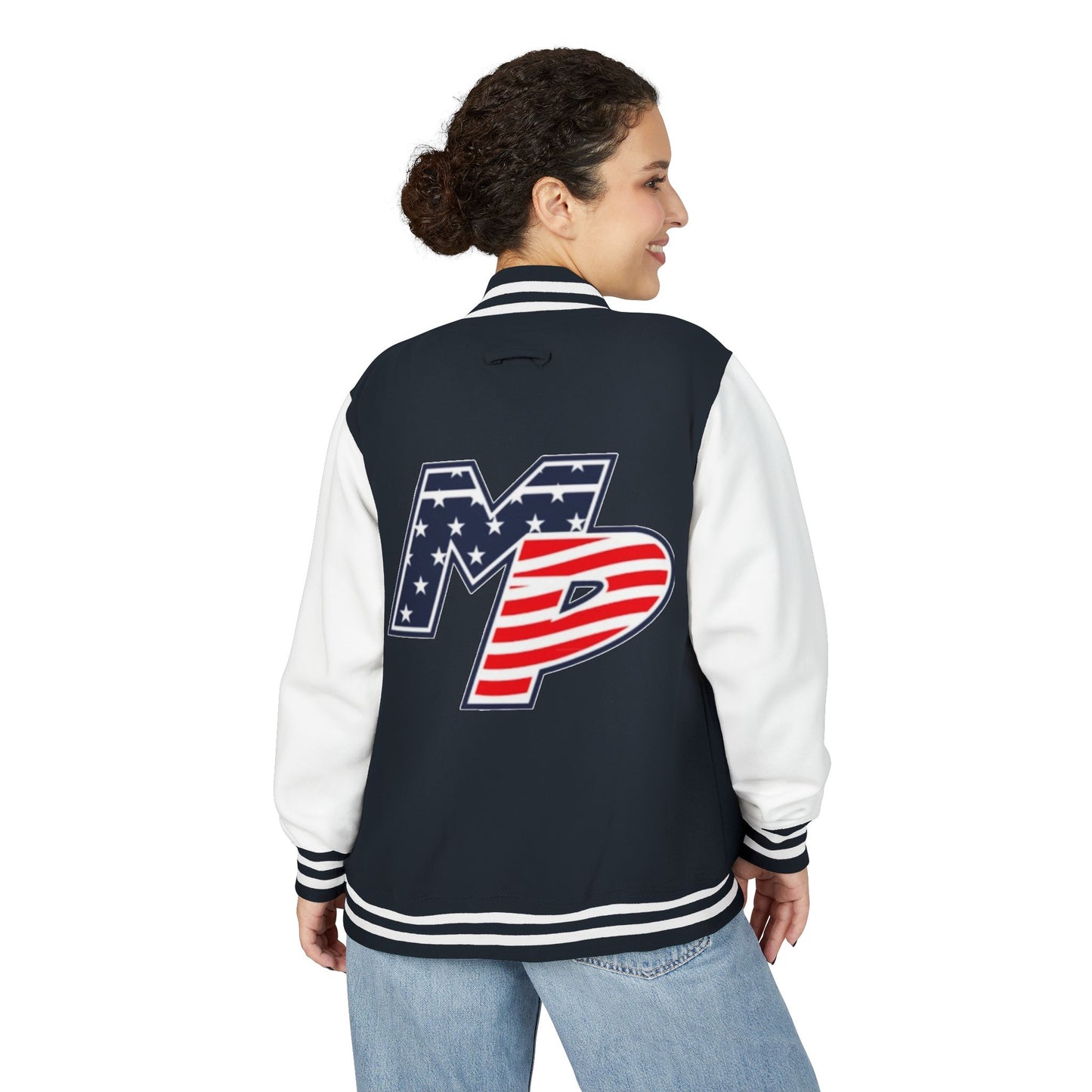 Miller Place Unisex Heavyweight Letterman Jacket with American Flag Design