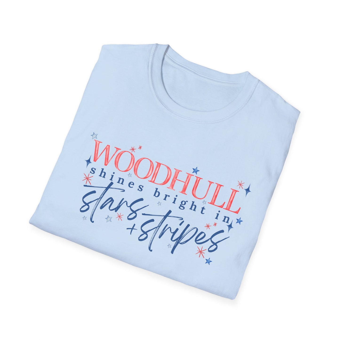 Flag Day Unisex Softstyle T-Shirt with Woodhull Shines Bright in Stars + Stripes Design- Holiday