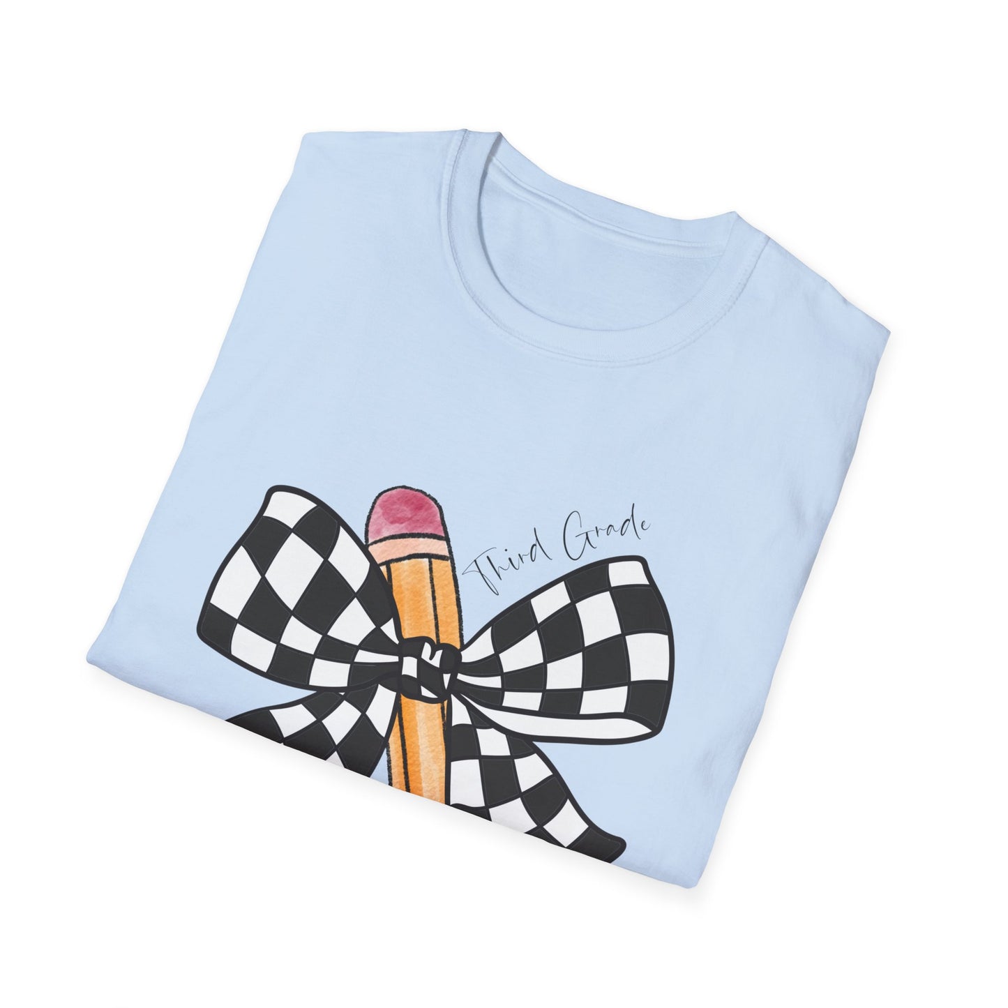 3rd Grade- Checkered Bow + Pencil- Teacher Tee- Softstyle Unisex Tee