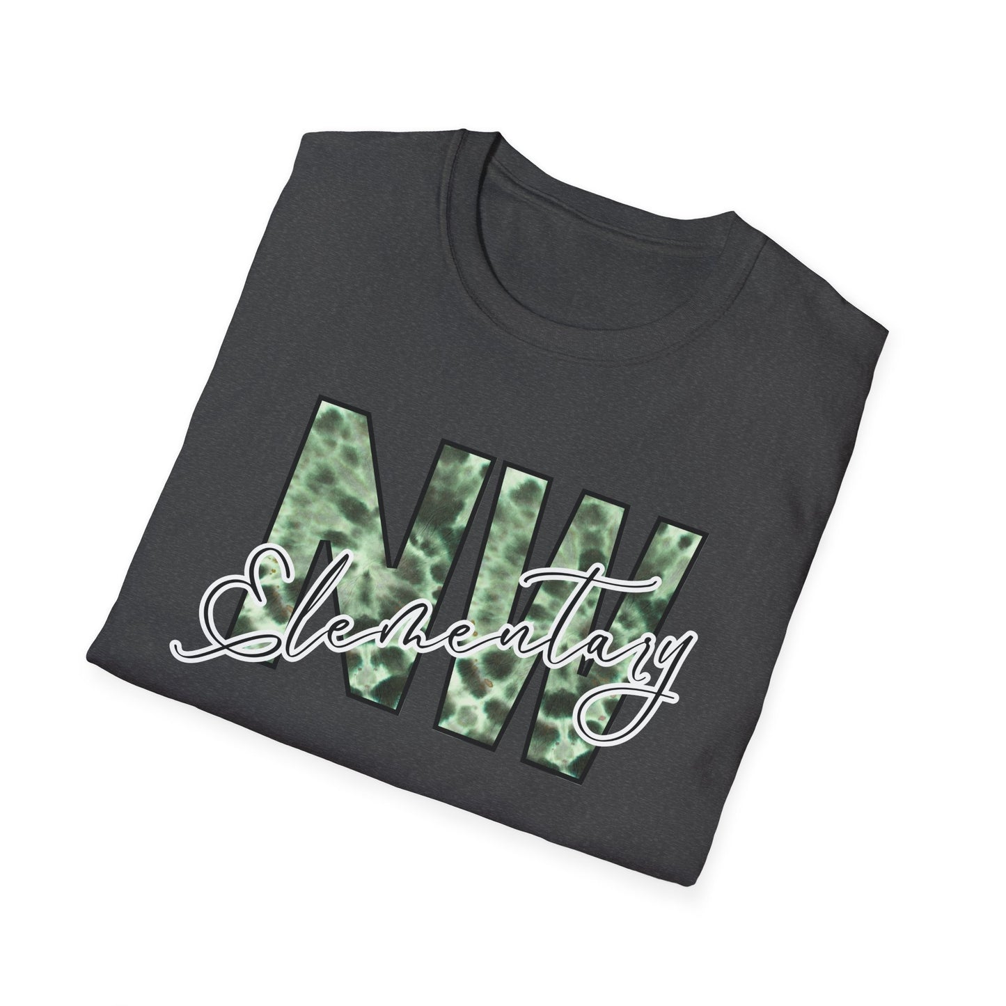Tie Dye Woodhull Stylish Unisex Softstyle T-Shirt with Woodhull Elementary Design