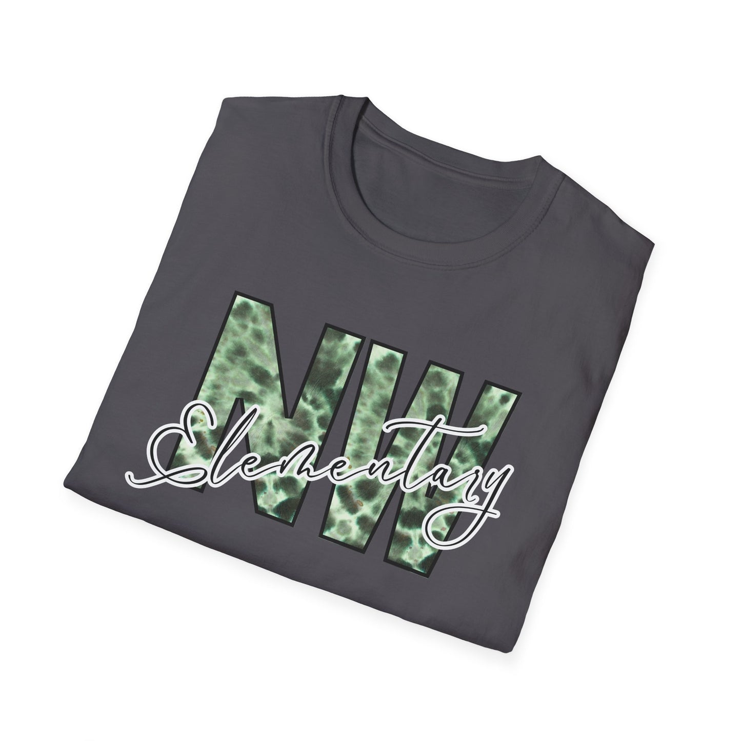 Tie Dye Woodhull Stylish Unisex Softstyle T-Shirt with Woodhull Elementary Design
