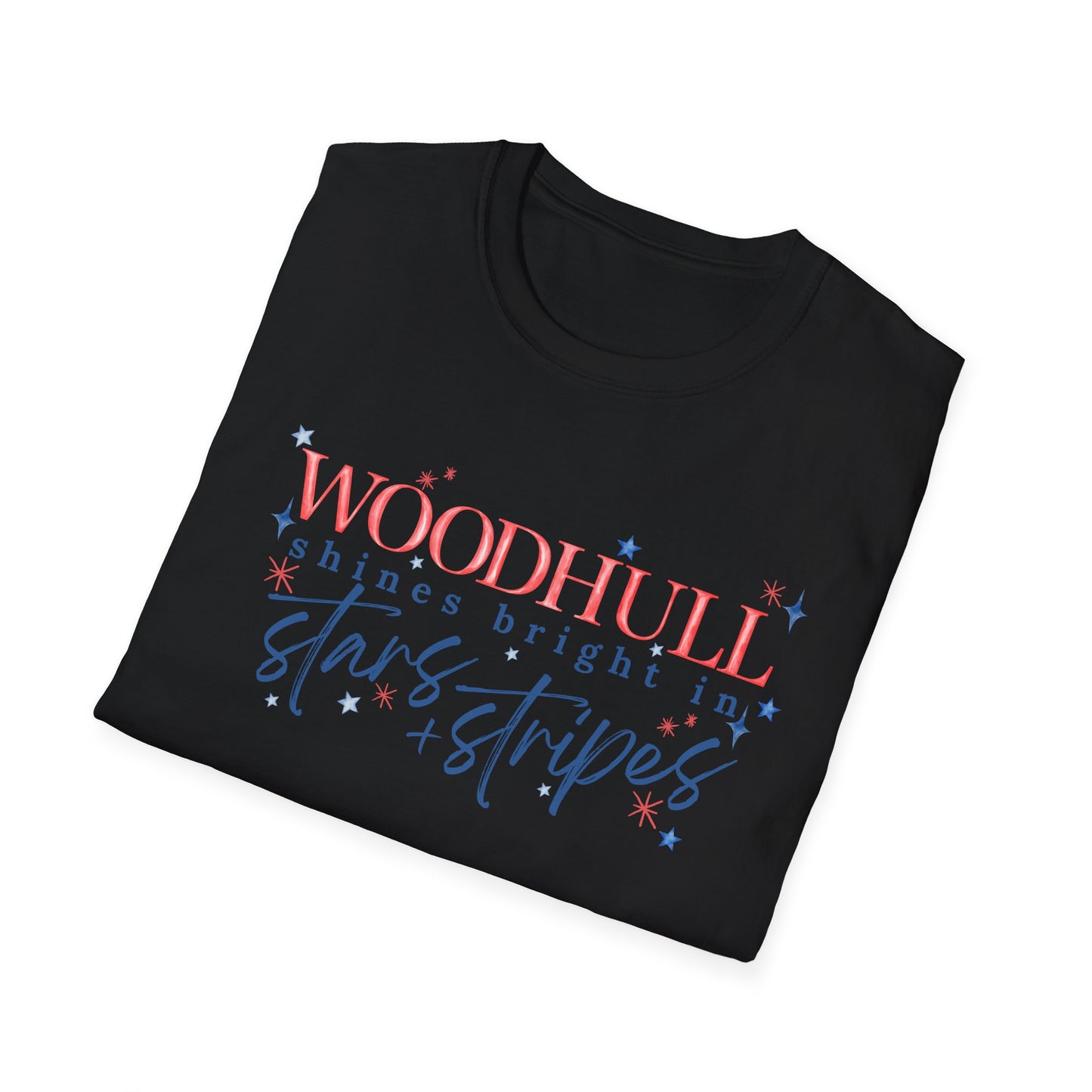 Flag Day Unisex Softstyle T-Shirt with Woodhull Shines Bright in Stars + Stripes Design- Holiday