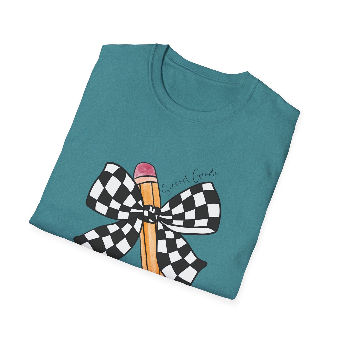 2nd Grade- Checkered Bow + Pencil- Teacher Tee- Softstyle Unisex Tee