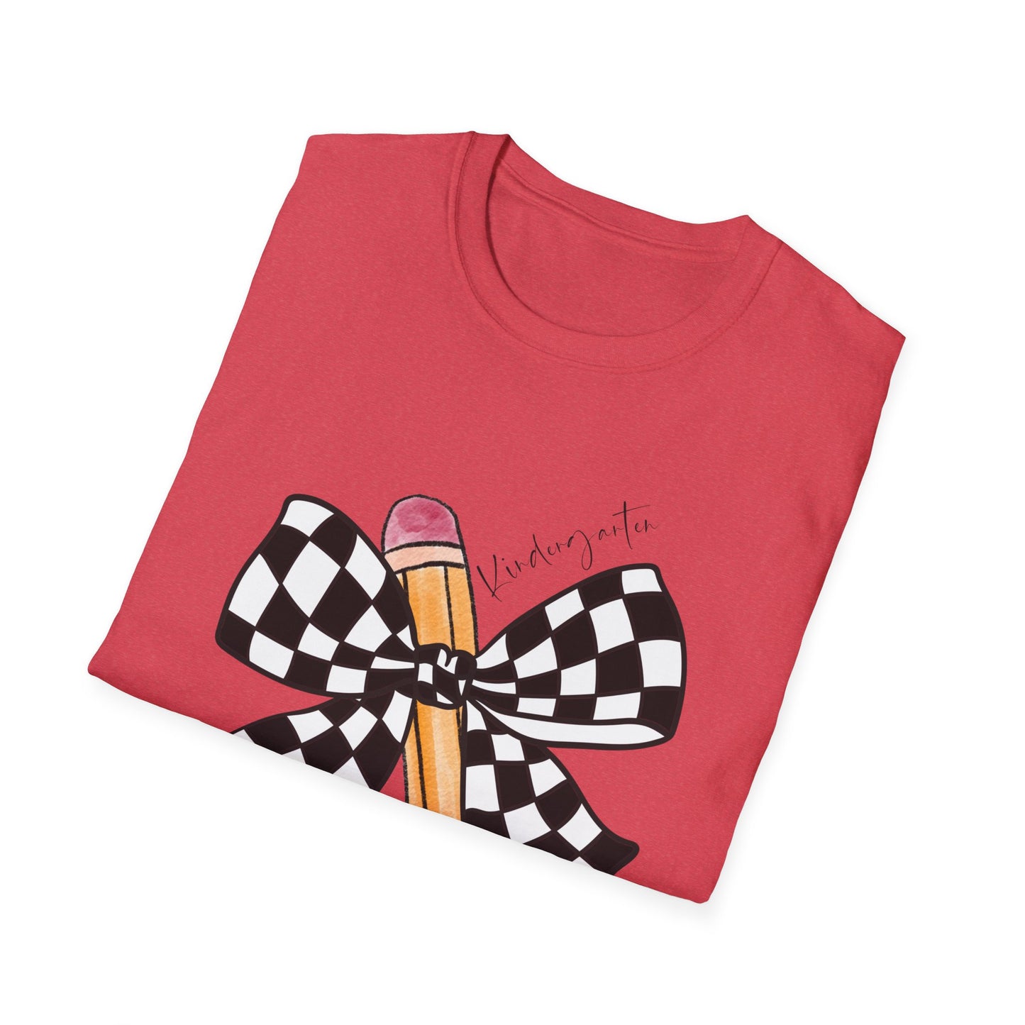 Kindergarten-Checkered Bow + Pencil- Teacher Tee- Softstyle Unisex Tee