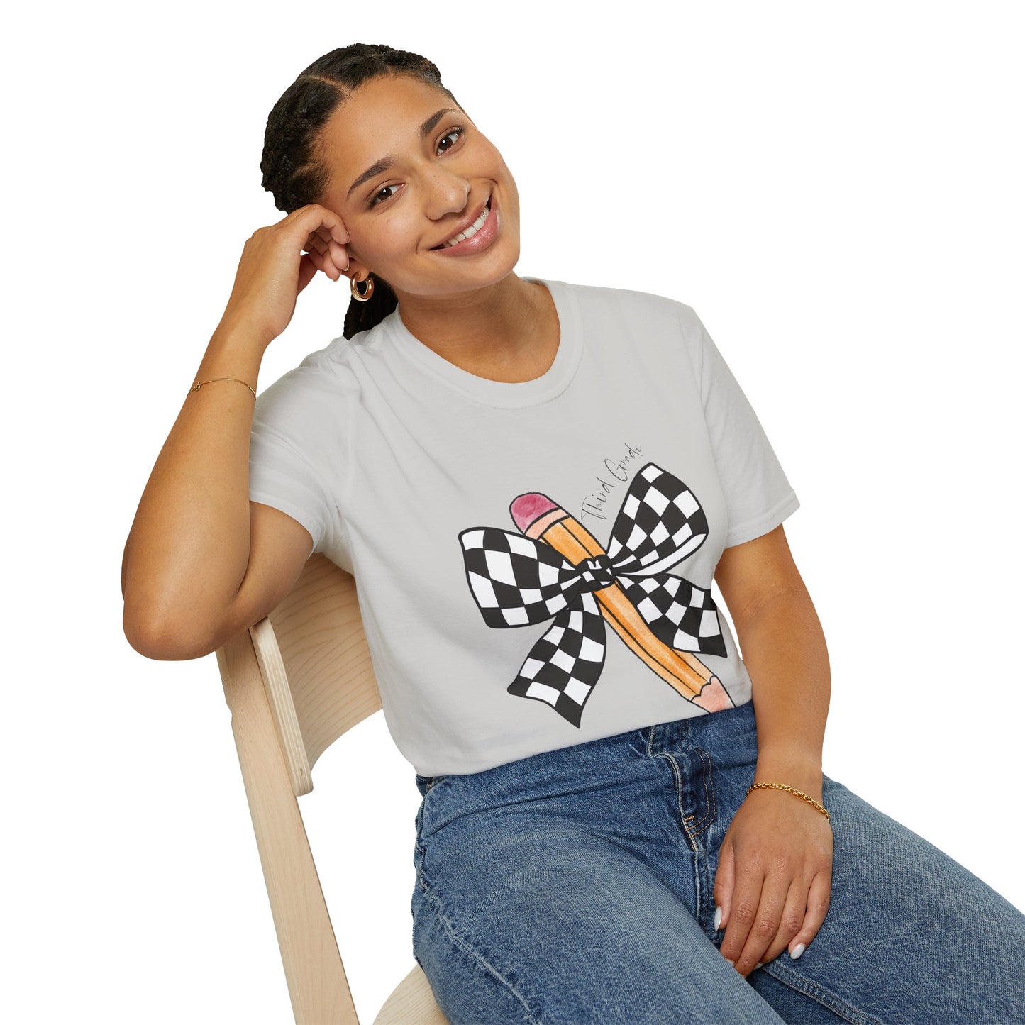 3rd Grade- Checkered Bow + Pencil- Teacher Tee- Softstyle Unisex Tee