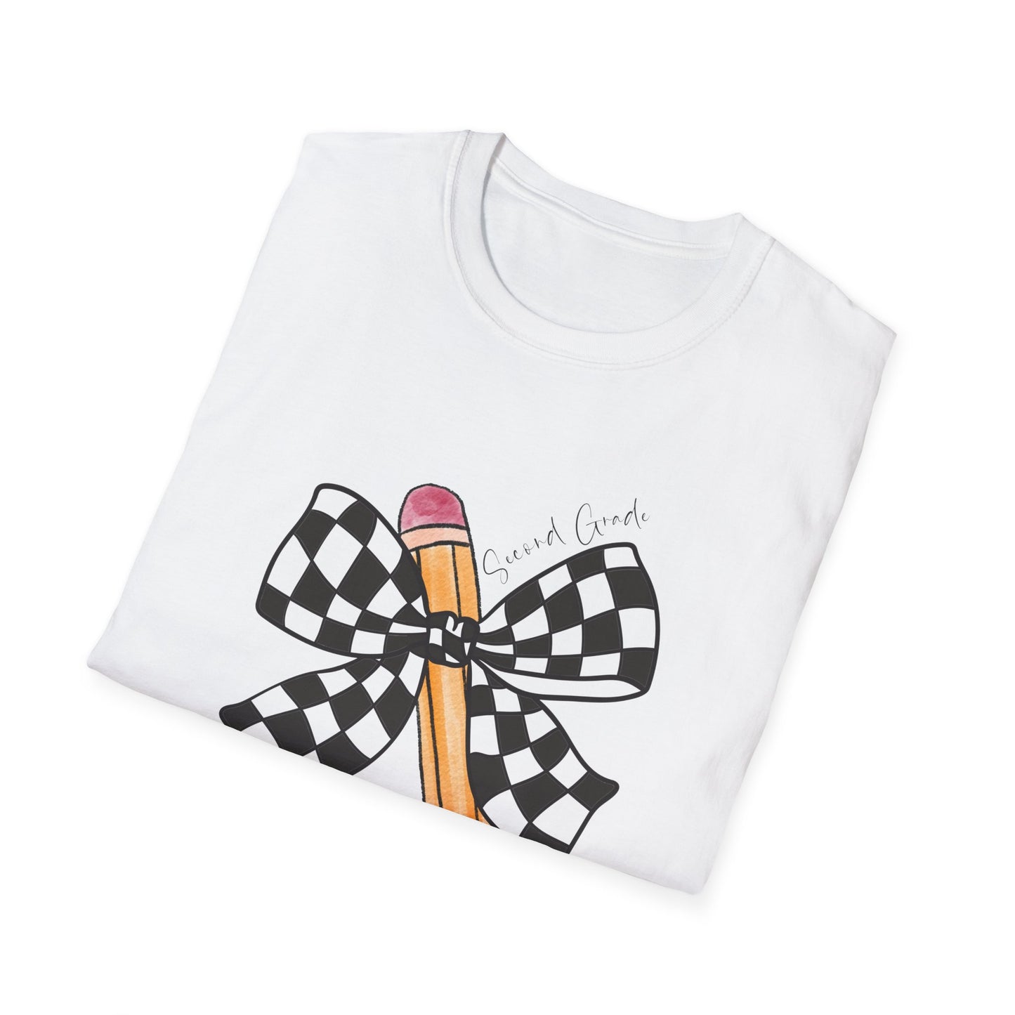 2nd Grade- Checkered Bow + Pencil- Teacher Tee- Softstyle Unisex Tee