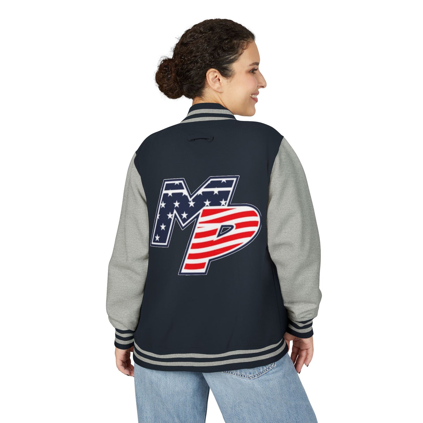 Miller Place Unisex Heavyweight Letterman Jacket with American Flag Design