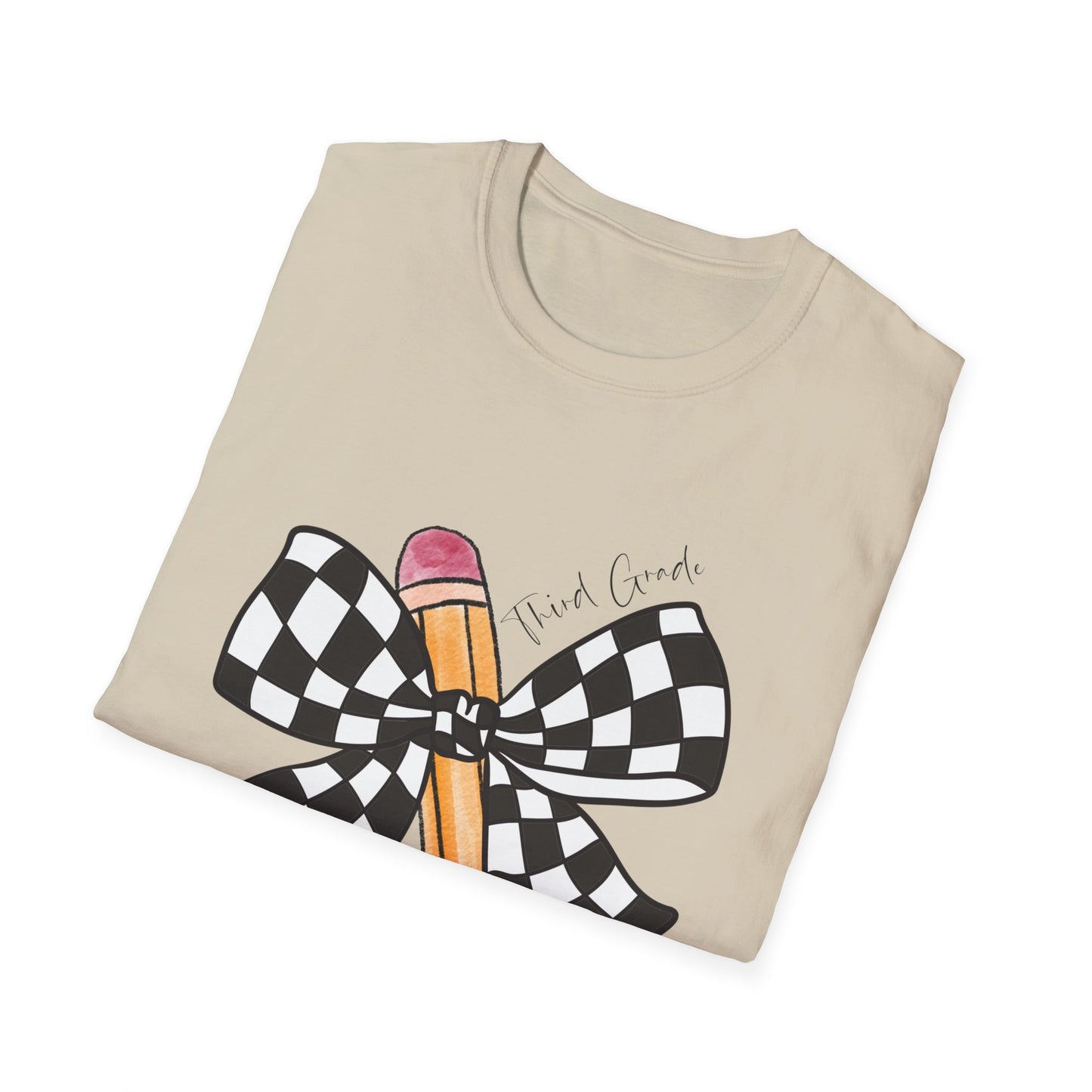 3rd Grade- Checkered Bow + Pencil- Teacher Tee- Softstyle Unisex Tee