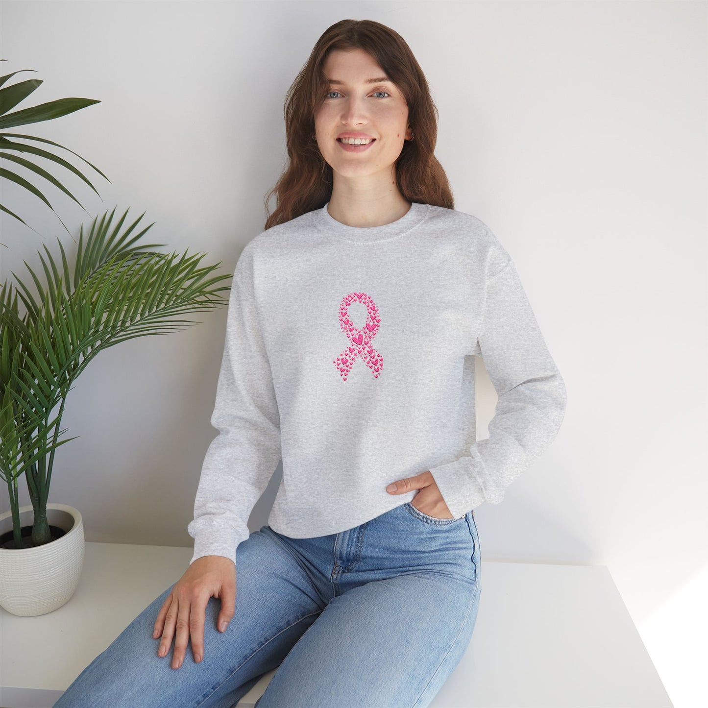 Embroidered Pink Ribbon Awareness Sweatshirt - Cozy Unisex Crewneck