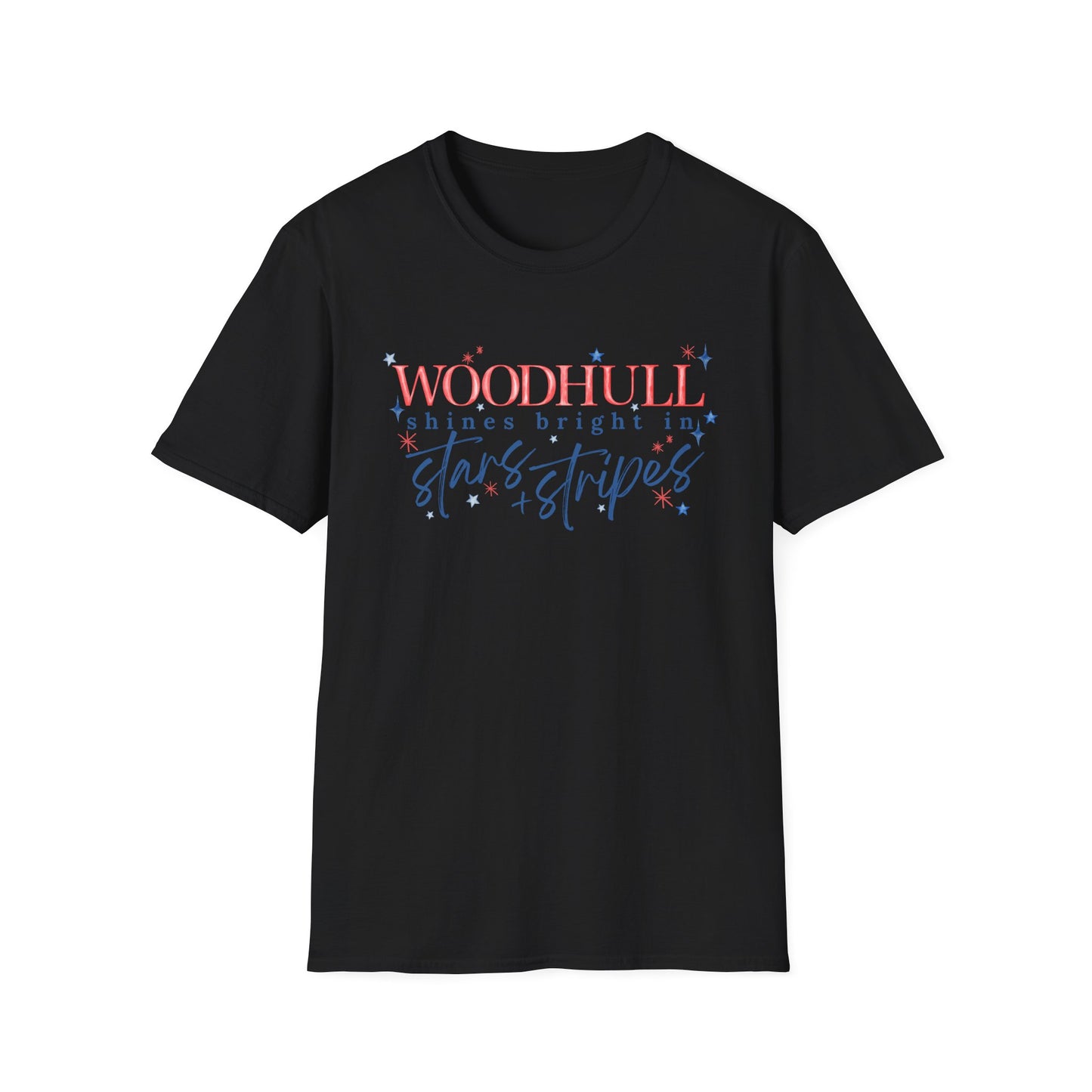 Flag Day Unisex Softstyle T-Shirt with Woodhull Shines Bright in Stars + Stripes Design- Holiday