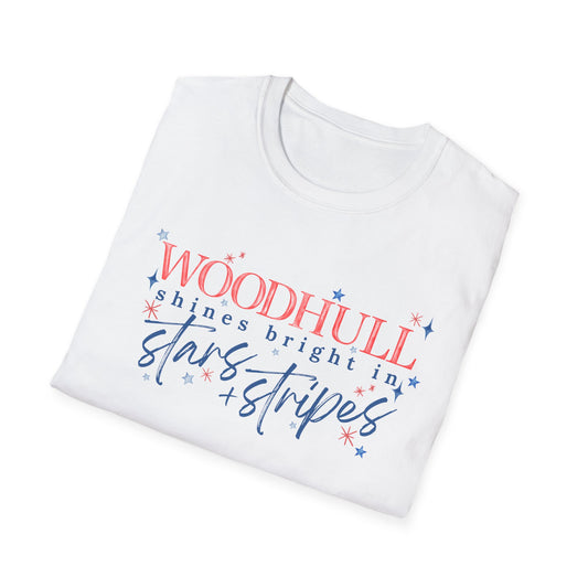 Flag Day Unisex Softstyle T-Shirt with Woodhull Shines Bright in Stars + Stripes Design- Holiday