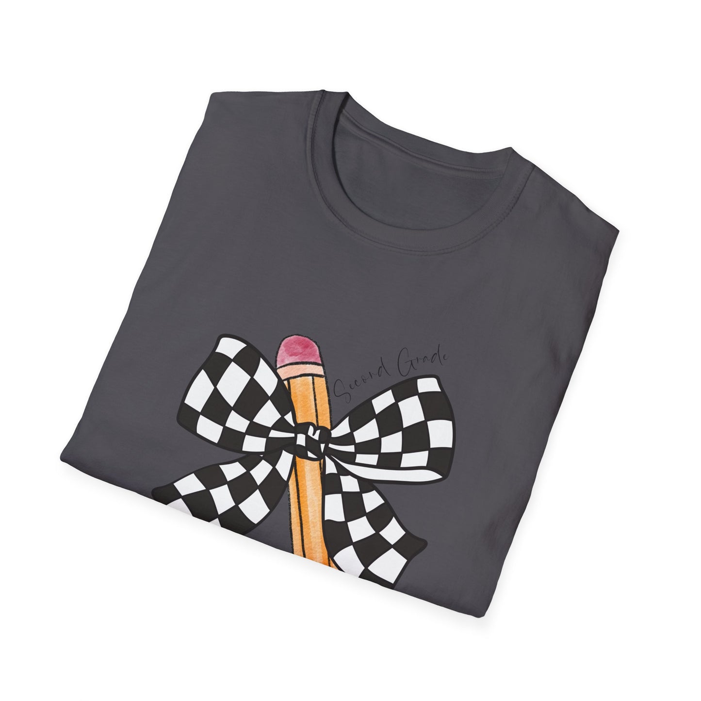 2nd Grade- Checkered Bow + Pencil- Teacher Tee- Softstyle Unisex Tee