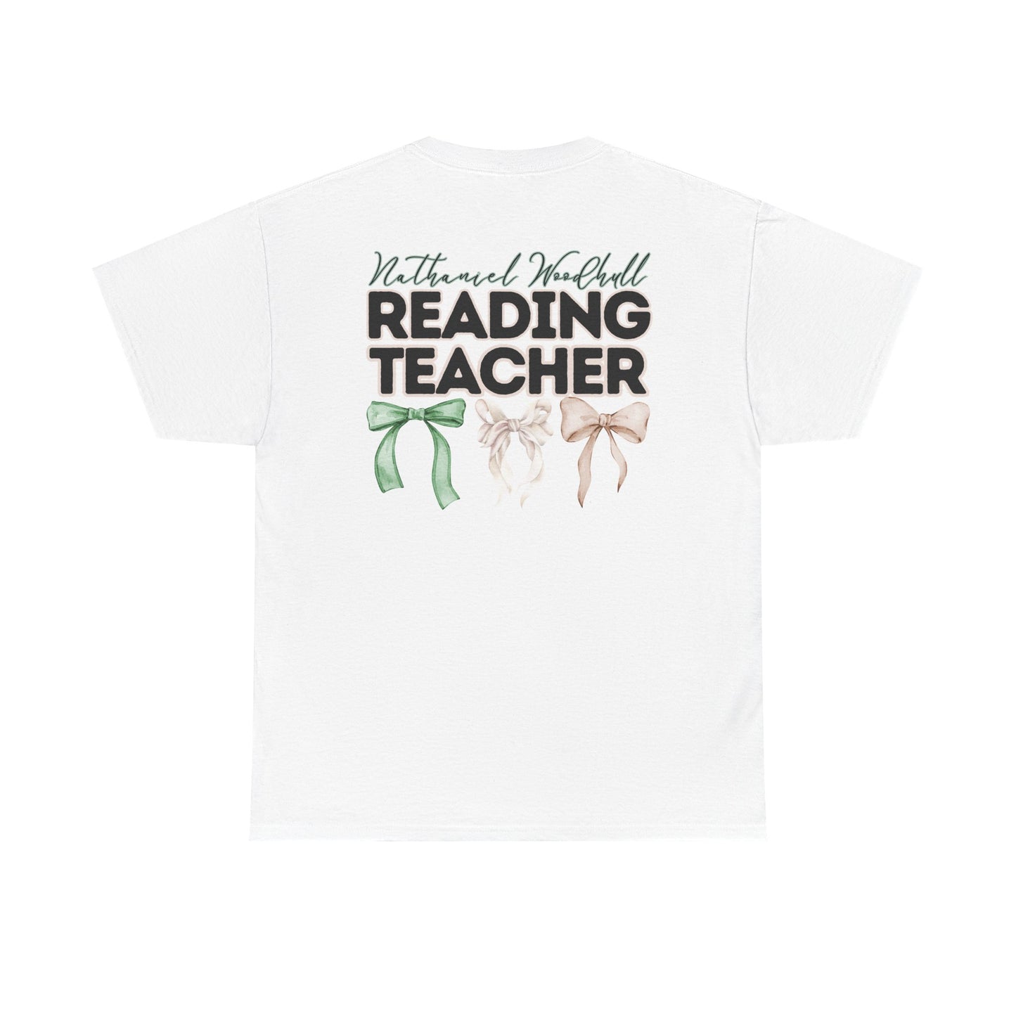 Woodhull Reading Teacher and Bows- Unisex Heavy Cotton Tee with Bow Design