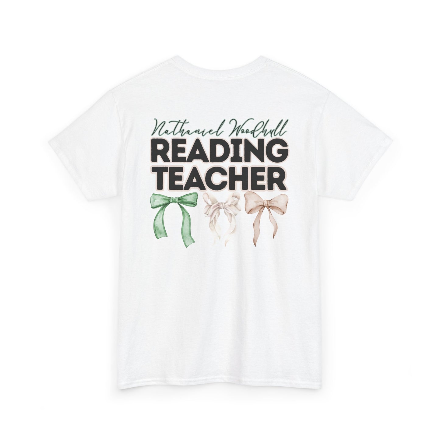 Woodhull Reading Teacher and Bows- Unisex Heavy Cotton Tee with Bow Design
