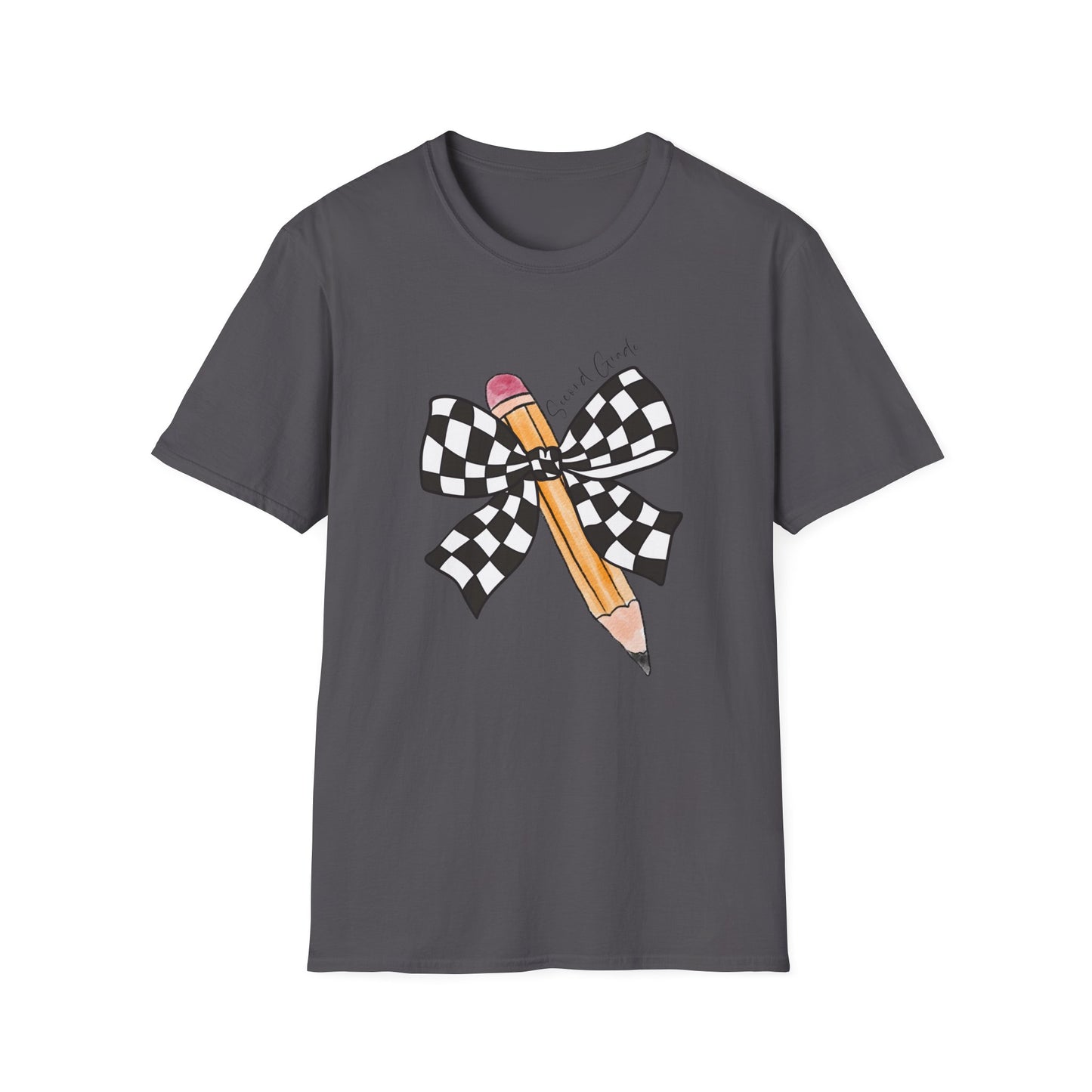 2nd Grade- Checkered Bow + Pencil- Teacher Tee- Softstyle Unisex Tee