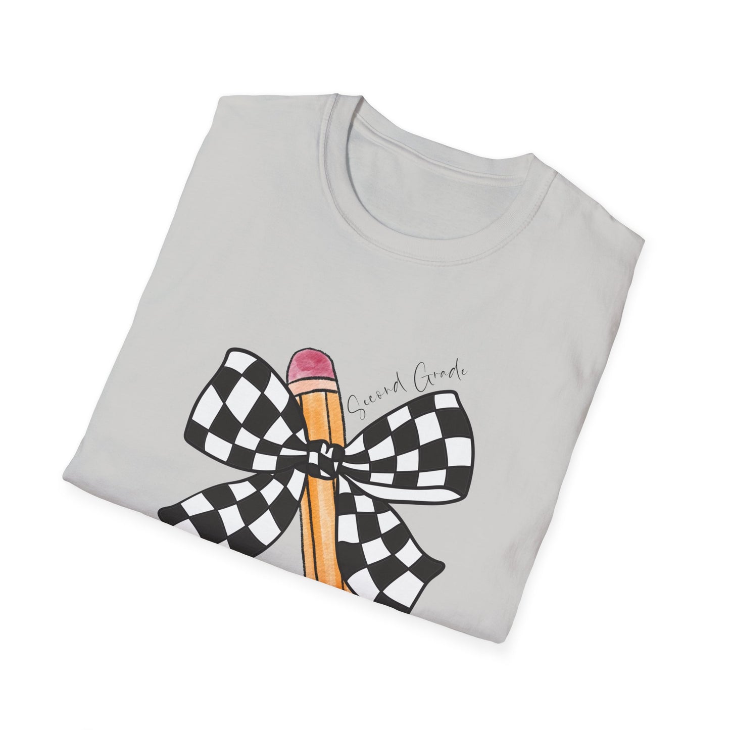 2nd Grade- Checkered Bow + Pencil- Teacher Tee- Softstyle Unisex Tee