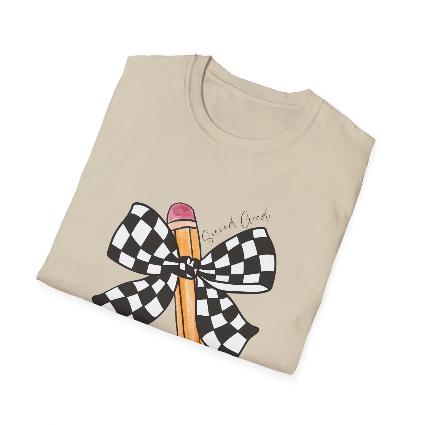 2nd Grade- Checkered Bow + Pencil- Teacher Tee- Softstyle Unisex Tee
