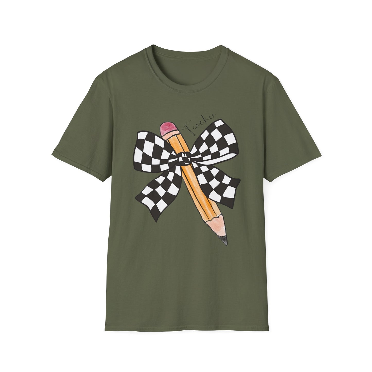 Checkered Bow + Pencil- Teacher Tee- Softstyle Unisex Tee