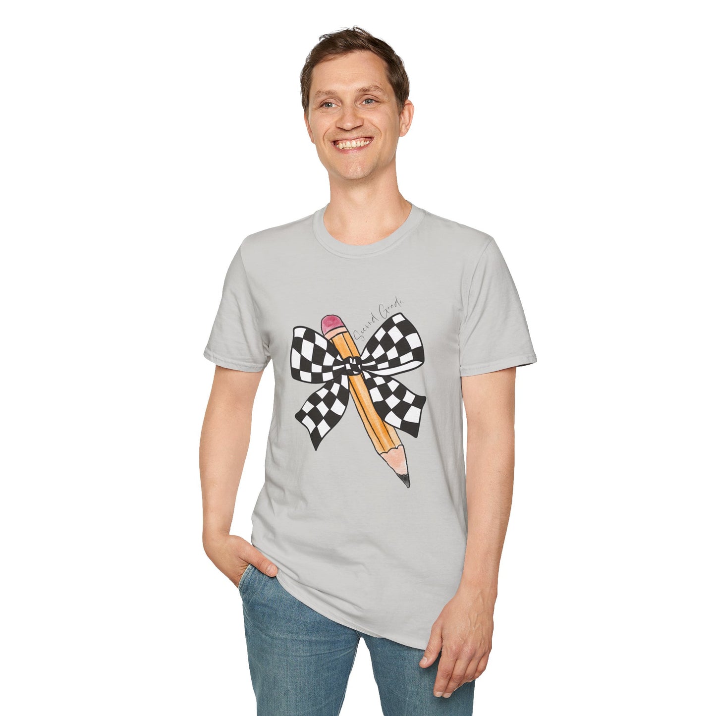 2nd Grade- Checkered Bow + Pencil- Teacher Tee- Softstyle Unisex Tee