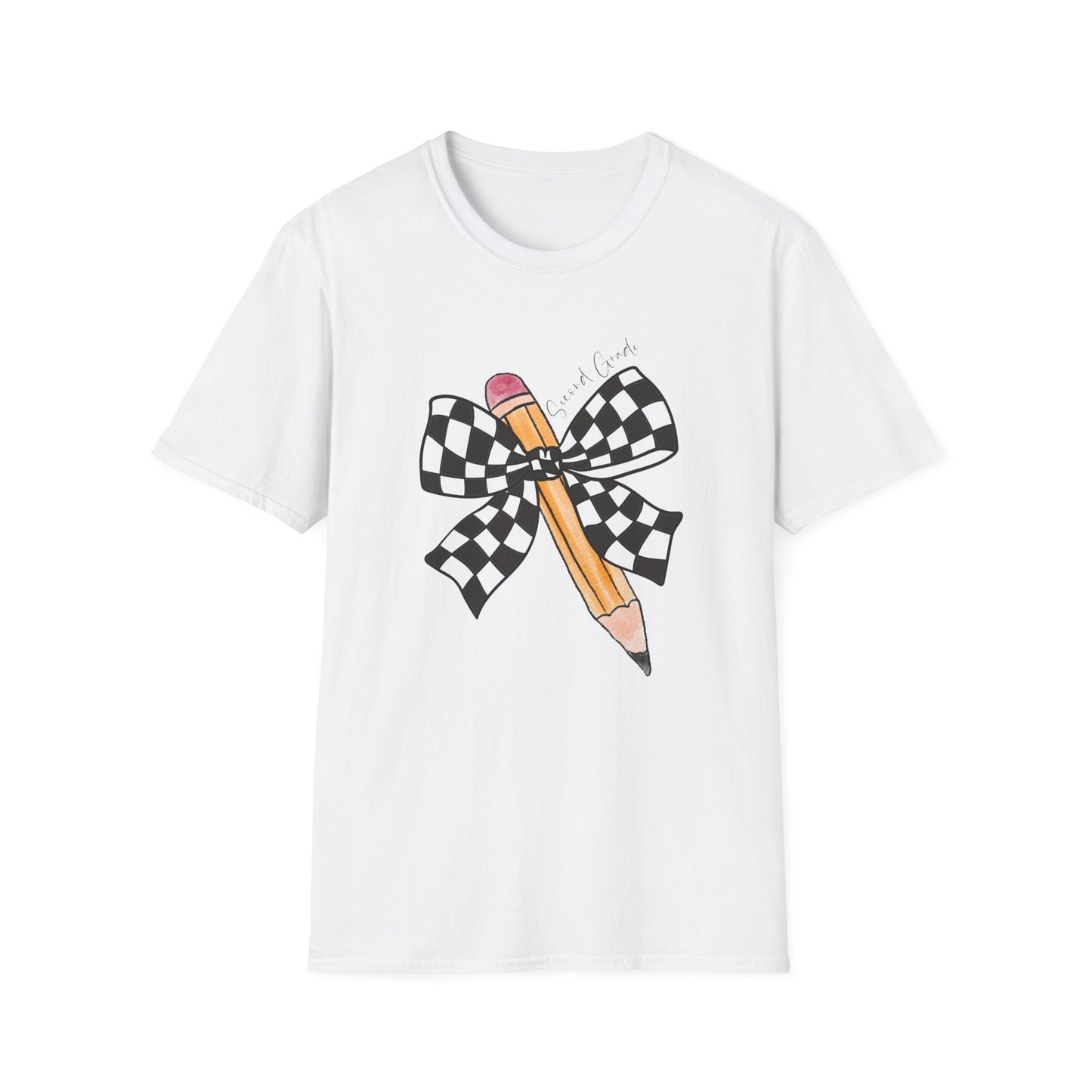 2nd Grade- Checkered Bow + Pencil- Teacher Tee- Softstyle Unisex Tee
