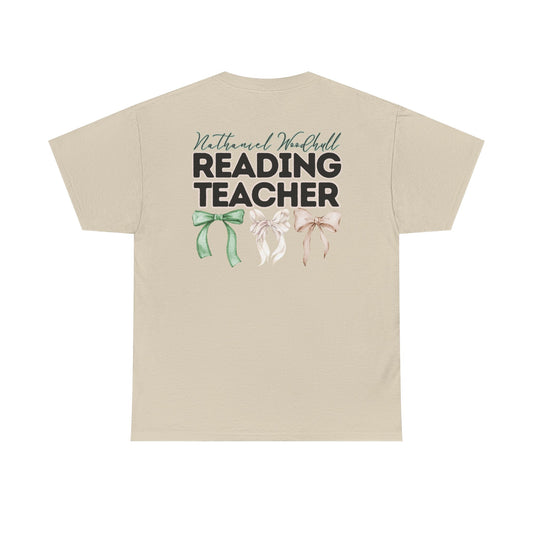 Woodhull Reading Teacher and Bows- Unisex Heavy Cotton Tee with Bow Design