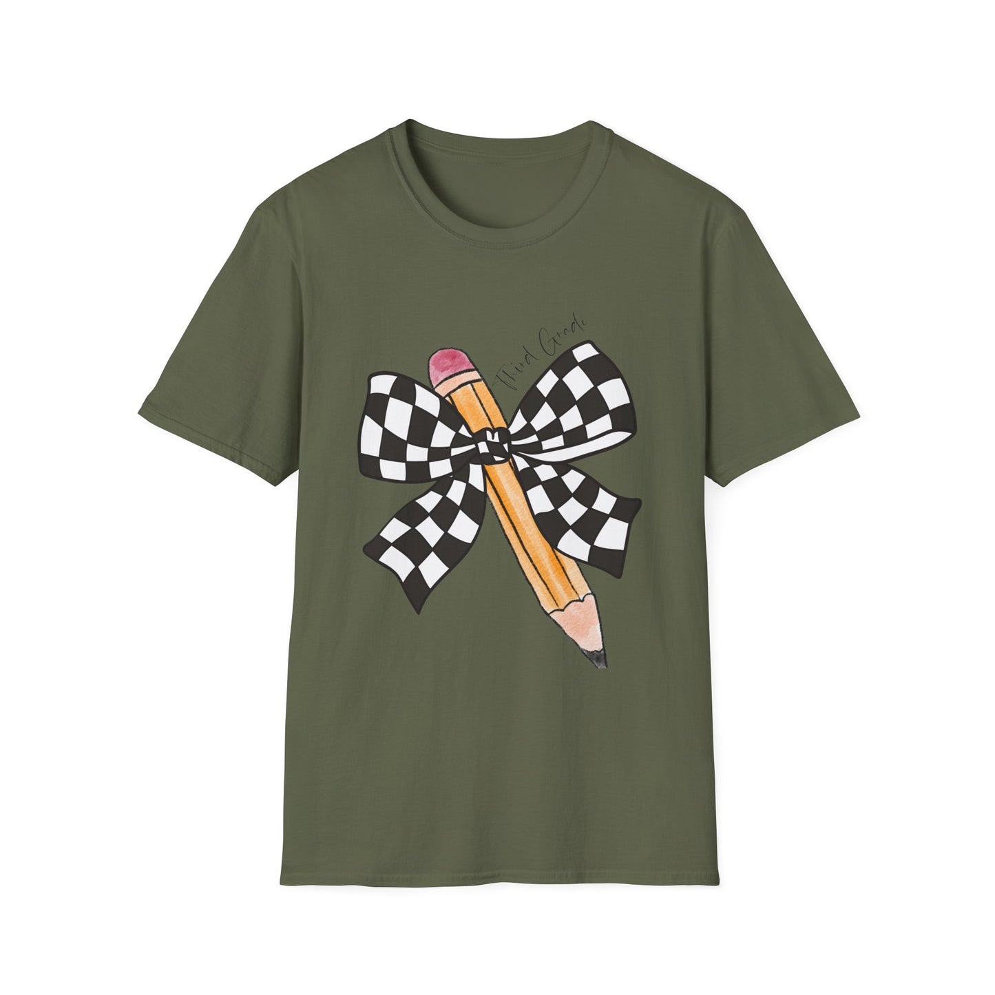 3rd Grade- Checkered Bow + Pencil- Teacher Tee- Softstyle Unisex Tee