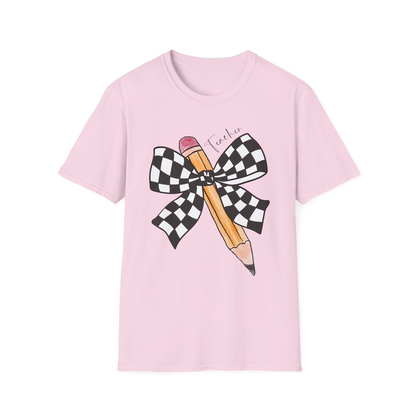 Checkered Bow + Pencil- Teacher Tee- Softstyle Unisex Tee