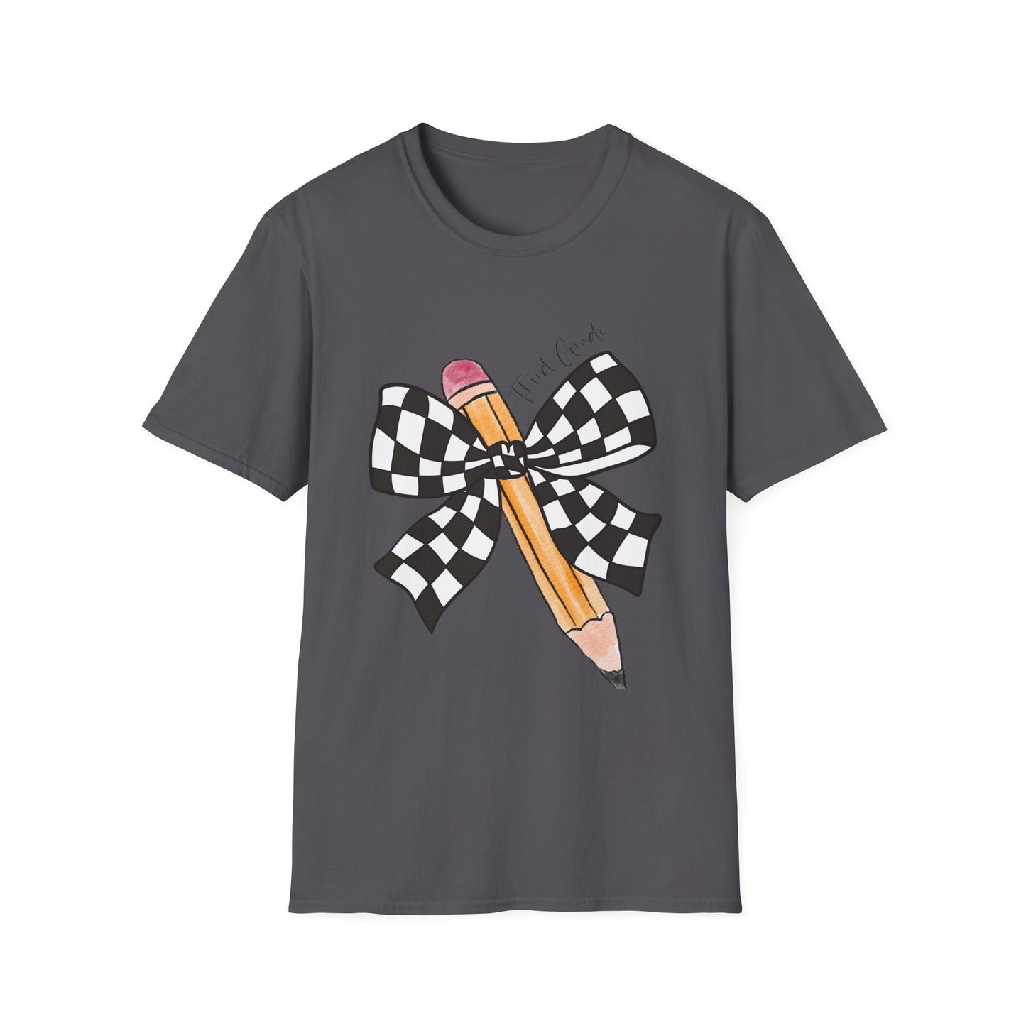 3rd Grade- Checkered Bow + Pencil- Teacher Tee- Softstyle Unisex Tee
