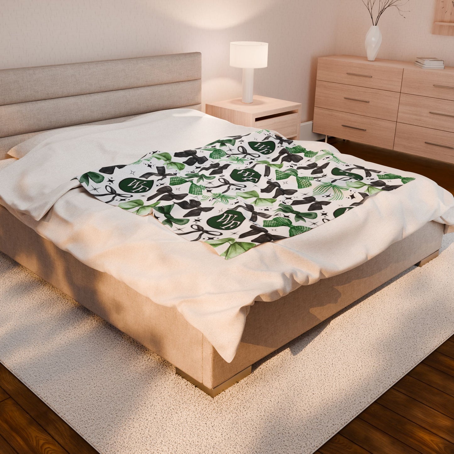 Floyd Strong- Logo and Bows Velveteen Plush Blanket with Green Bows - Cozy Gift for Home Decor and Celebrations
