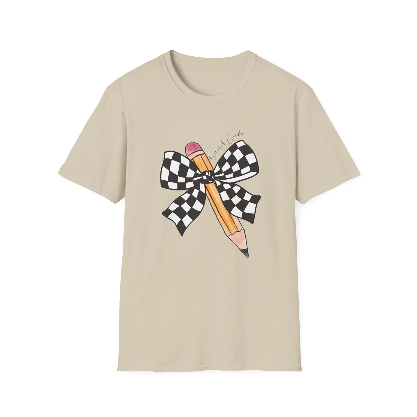 2nd Grade- Checkered Bow + Pencil- Teacher Tee- Softstyle Unisex Tee