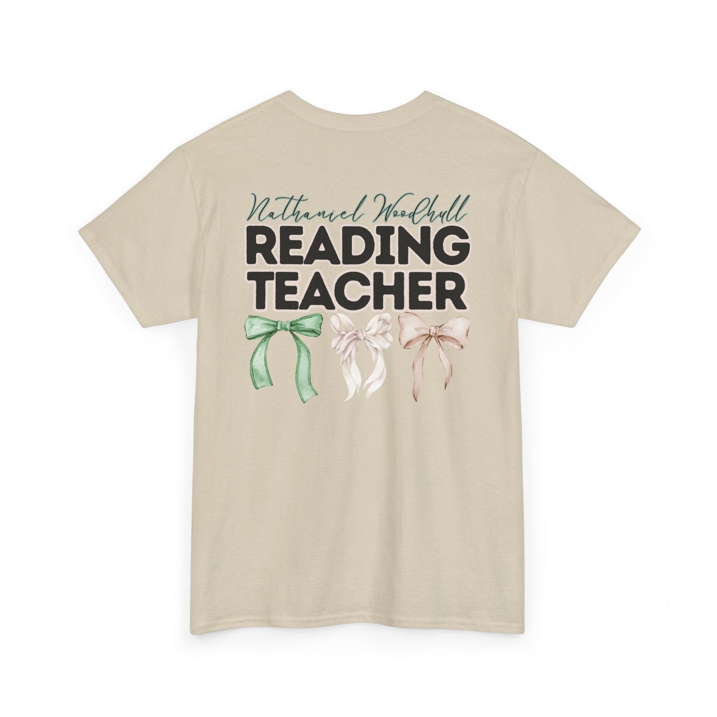 Woodhull Reading Teacher and Bows- Unisex Heavy Cotton Tee with Bow Design