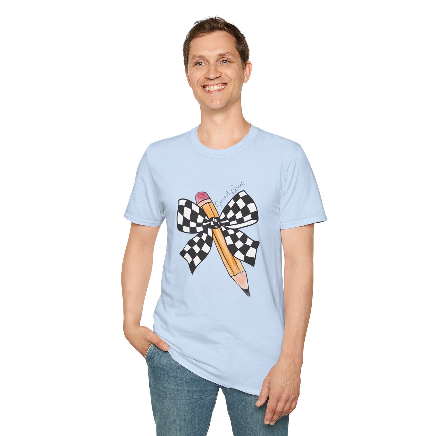 2nd Grade- Checkered Bow + Pencil- Teacher Tee- Softstyle Unisex Tee