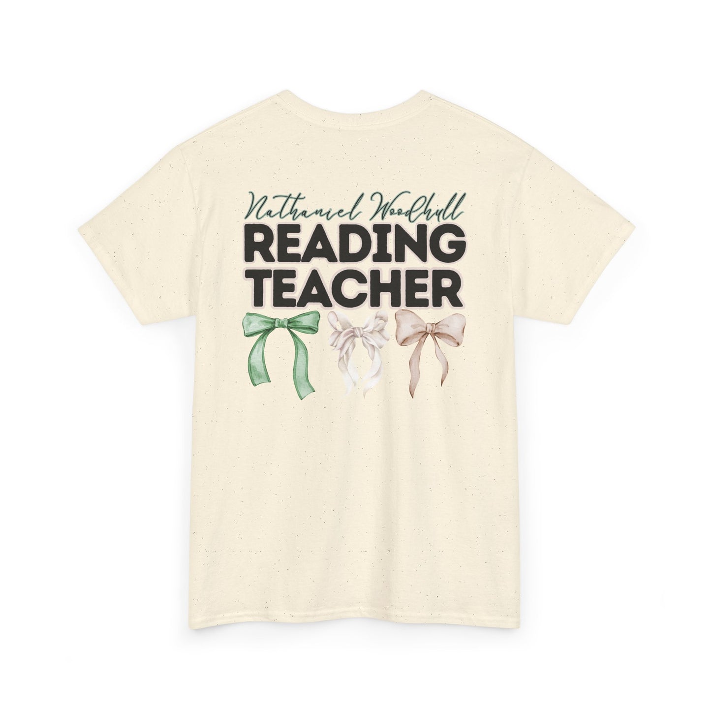 Woodhull Reading Teacher and Bows- Unisex Heavy Cotton Tee with Bow Design