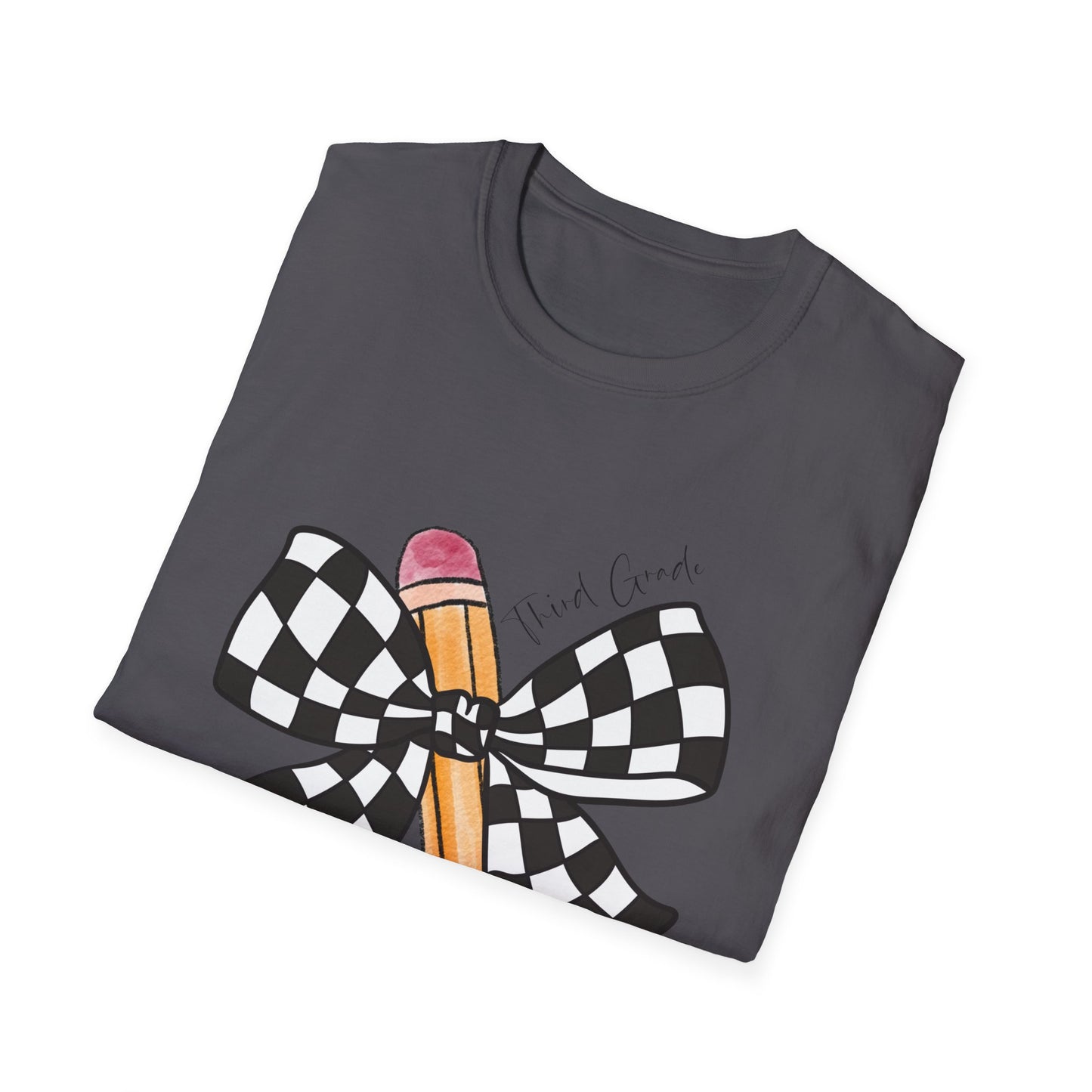 3rd Grade- Checkered Bow + Pencil- Teacher Tee- Softstyle Unisex Tee