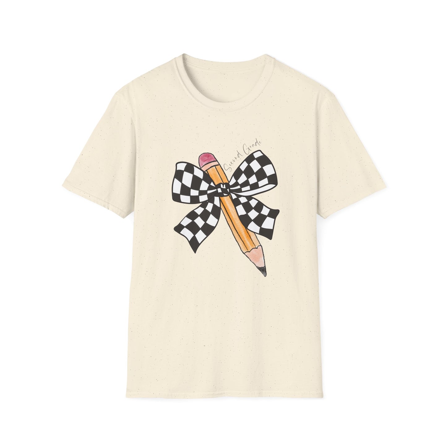 2nd Grade- Checkered Bow + Pencil- Teacher Tee- Softstyle Unisex Tee