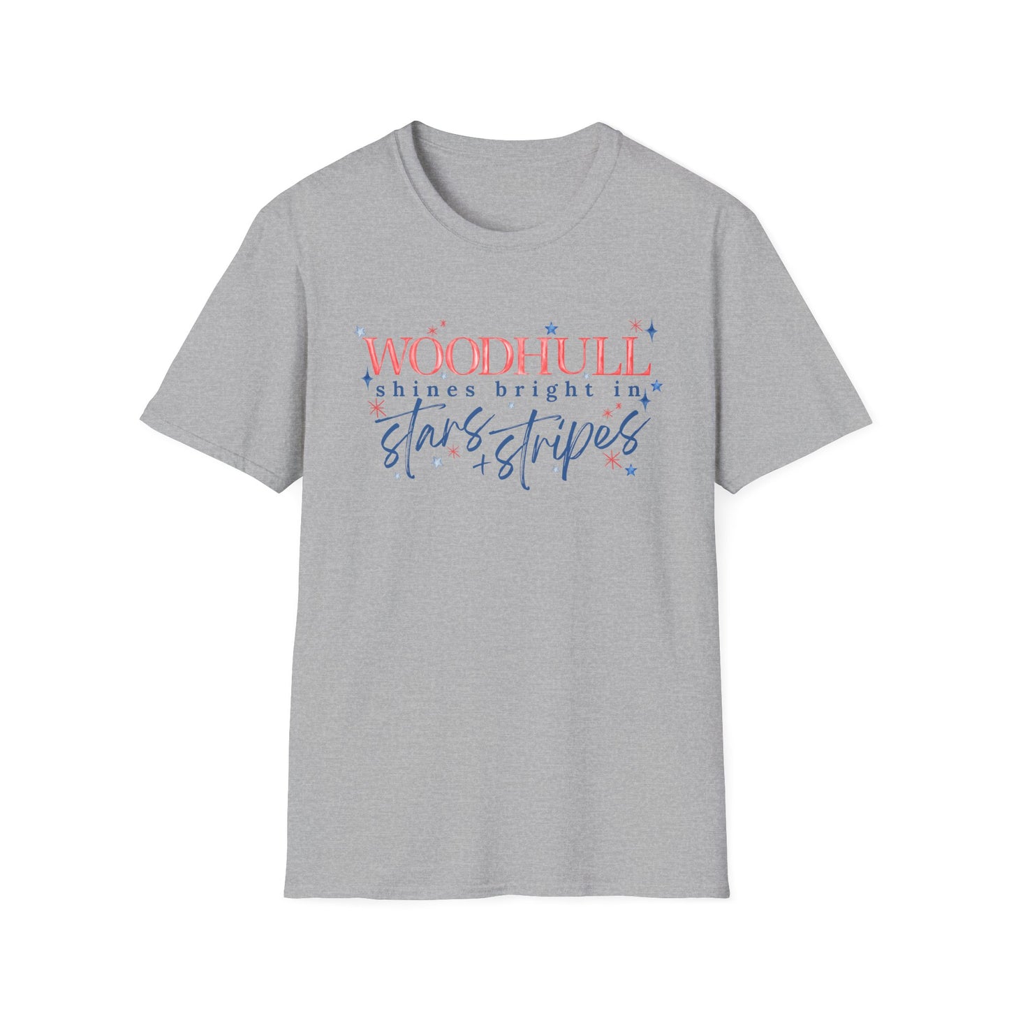 Flag Day Unisex Softstyle T-Shirt with Woodhull Shines Bright in Stars + Stripes Design- Holiday
