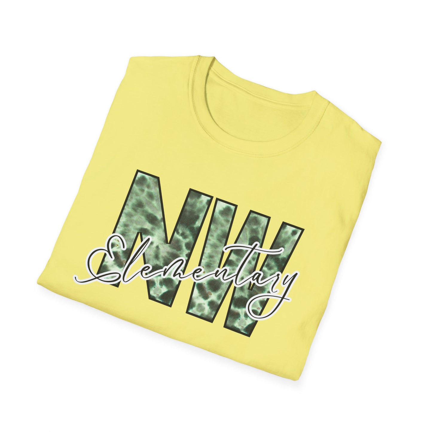 Tie Dye Woodhull Stylish Unisex Softstyle T-Shirt with Woodhull Elementary Design