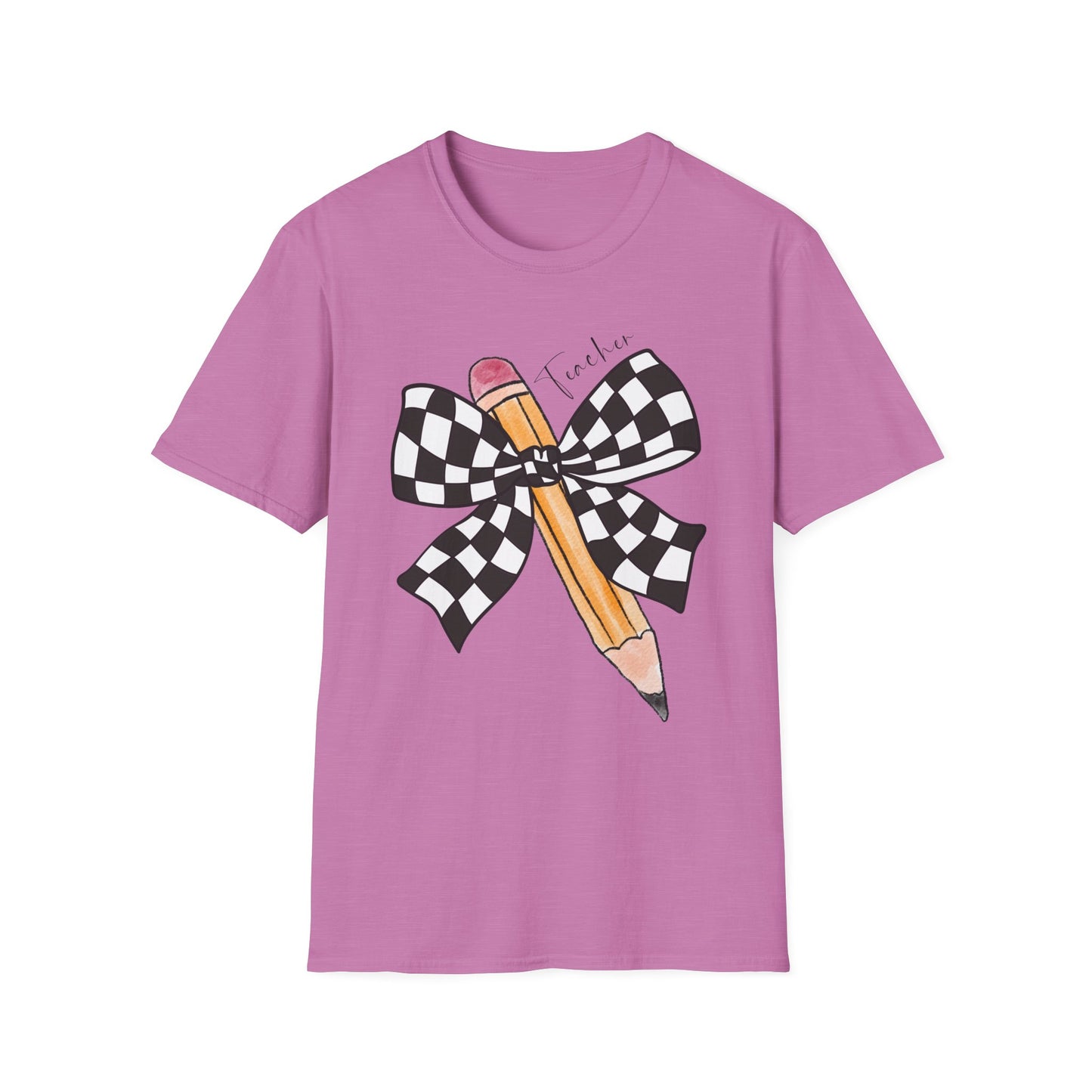Checkered Bow + Pencil- Teacher Tee- Softstyle Unisex Tee