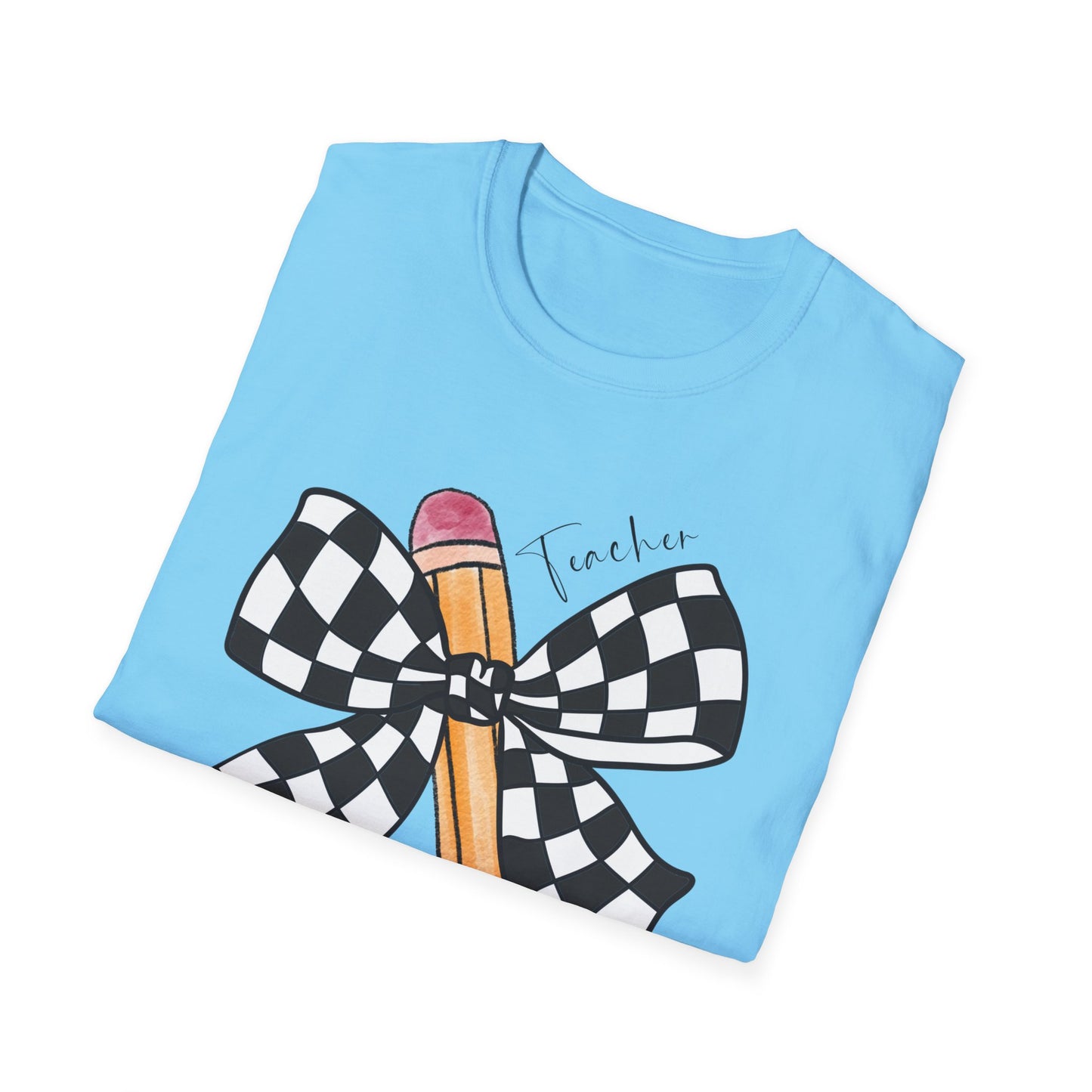 Checkered Bow + Pencil- Teacher Tee- Softstyle Unisex Tee