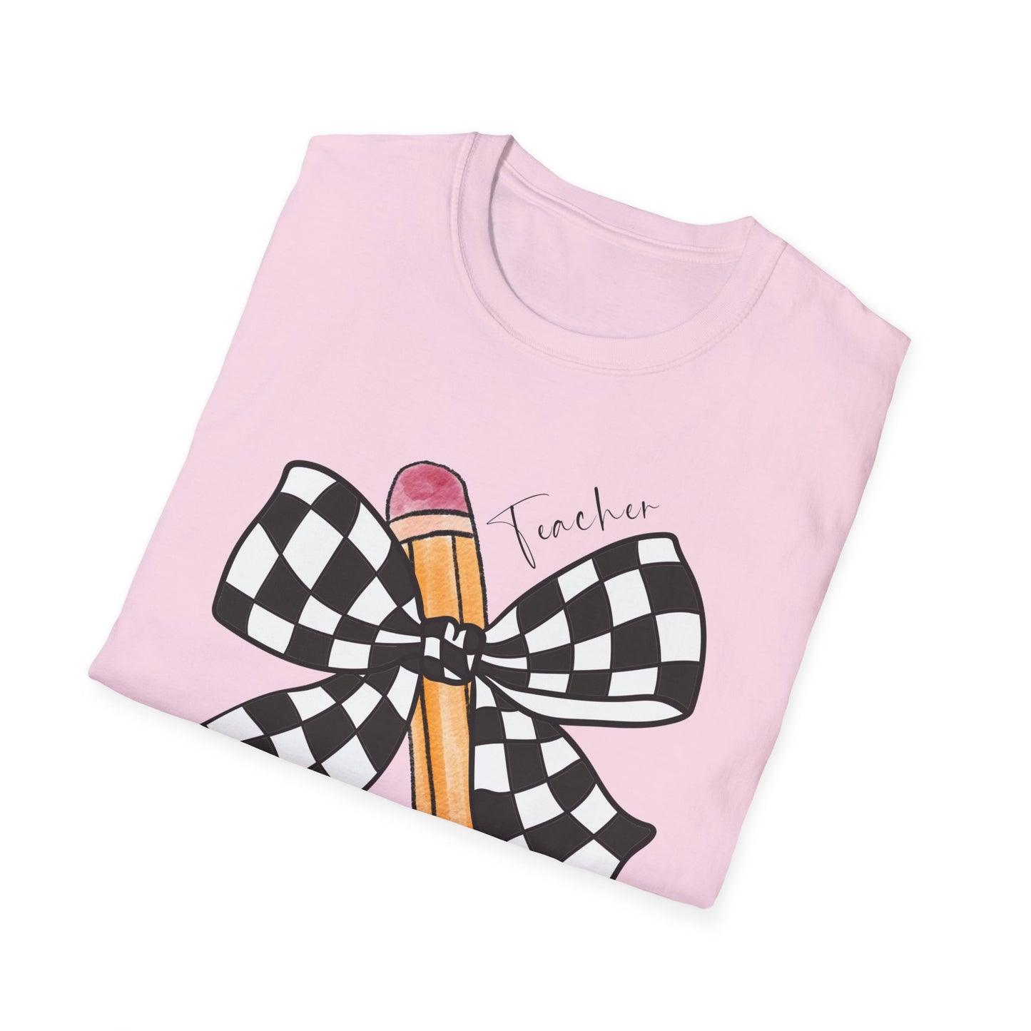 Checkered Bow + Pencil- Teacher Tee- Softstyle Unisex Tee
