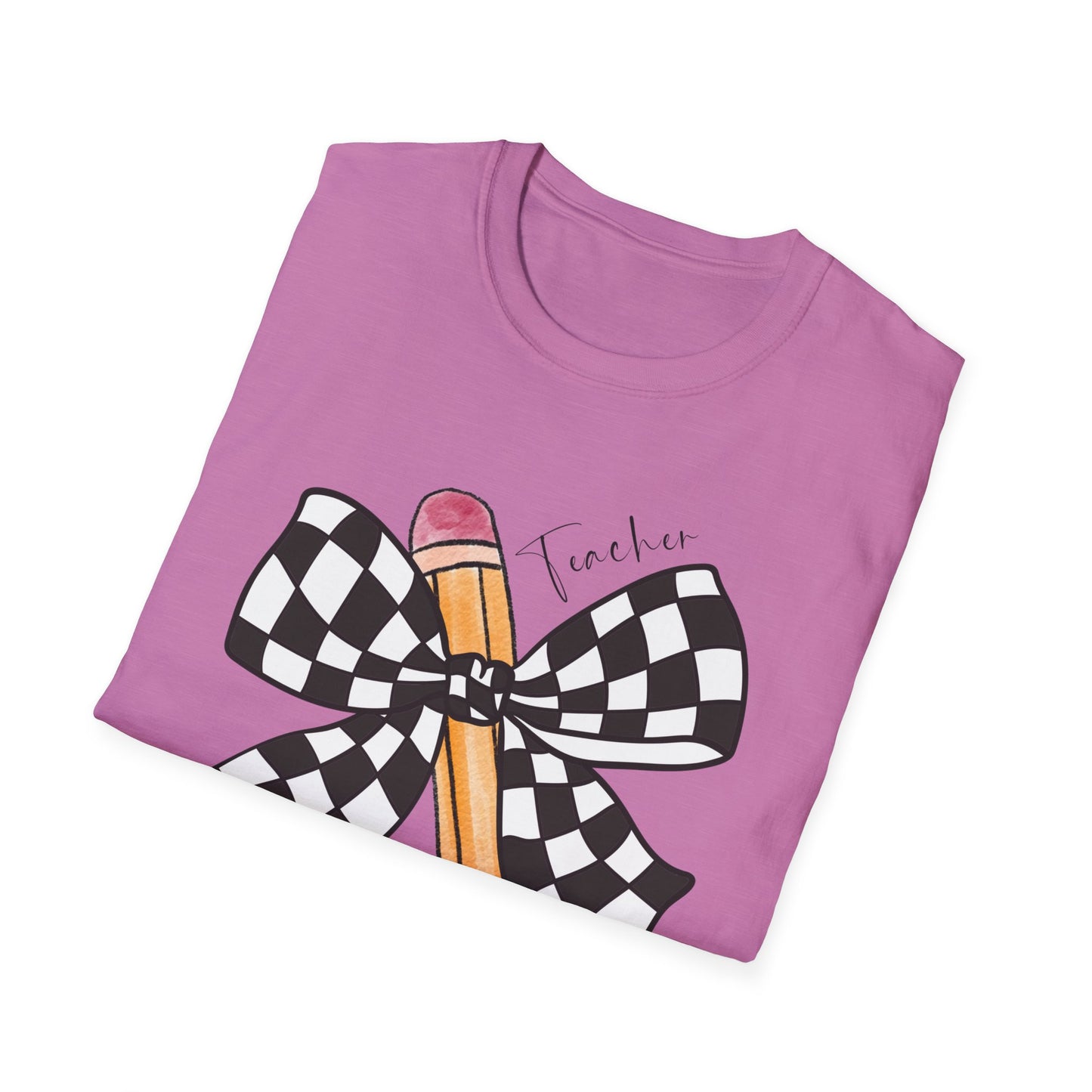 Checkered Bow + Pencil- Teacher Tee- Softstyle Unisex Tee