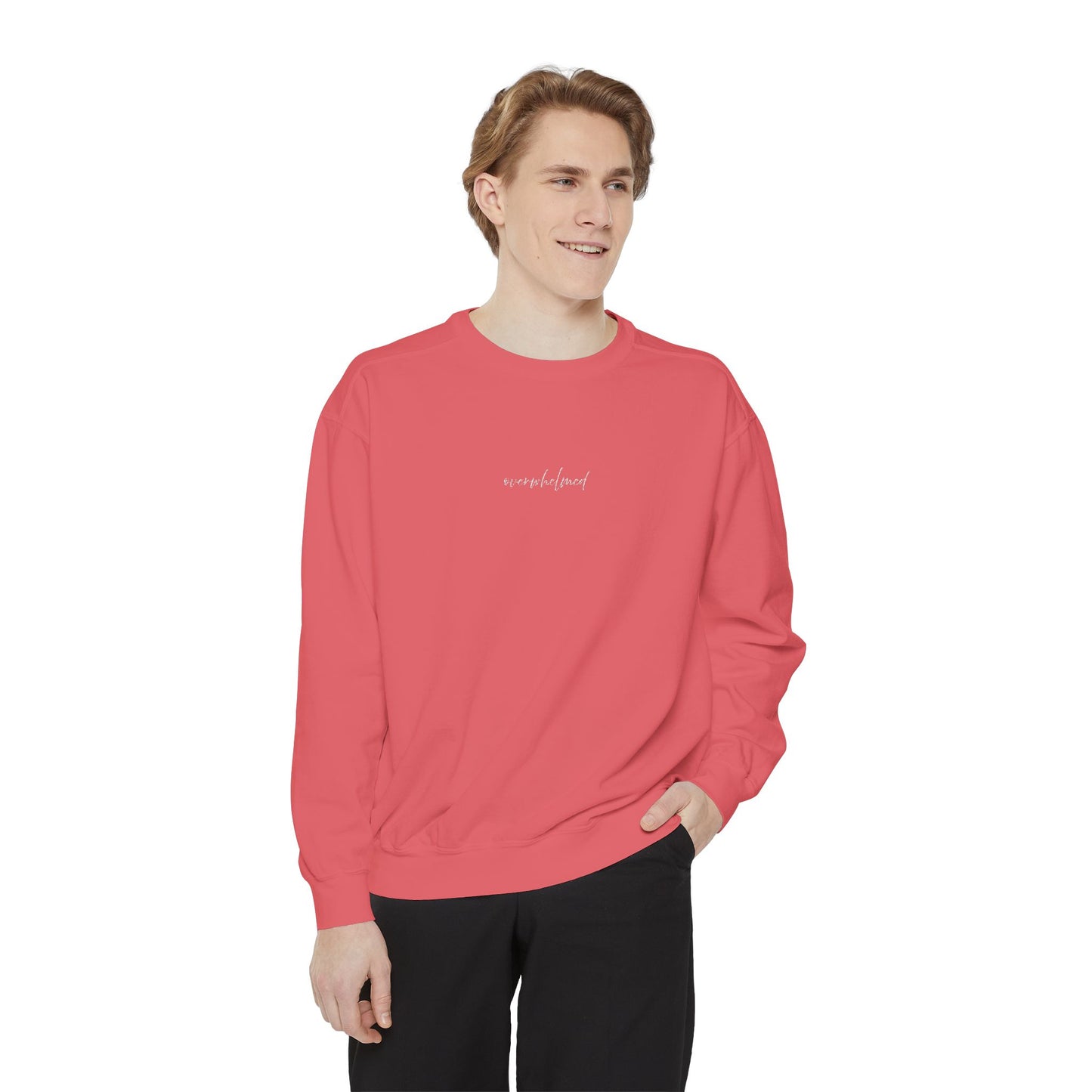 Overwhelmed (cursive)- One Word- Garment-Dyed Sweatshirt -Relaxed Fit- Unisex