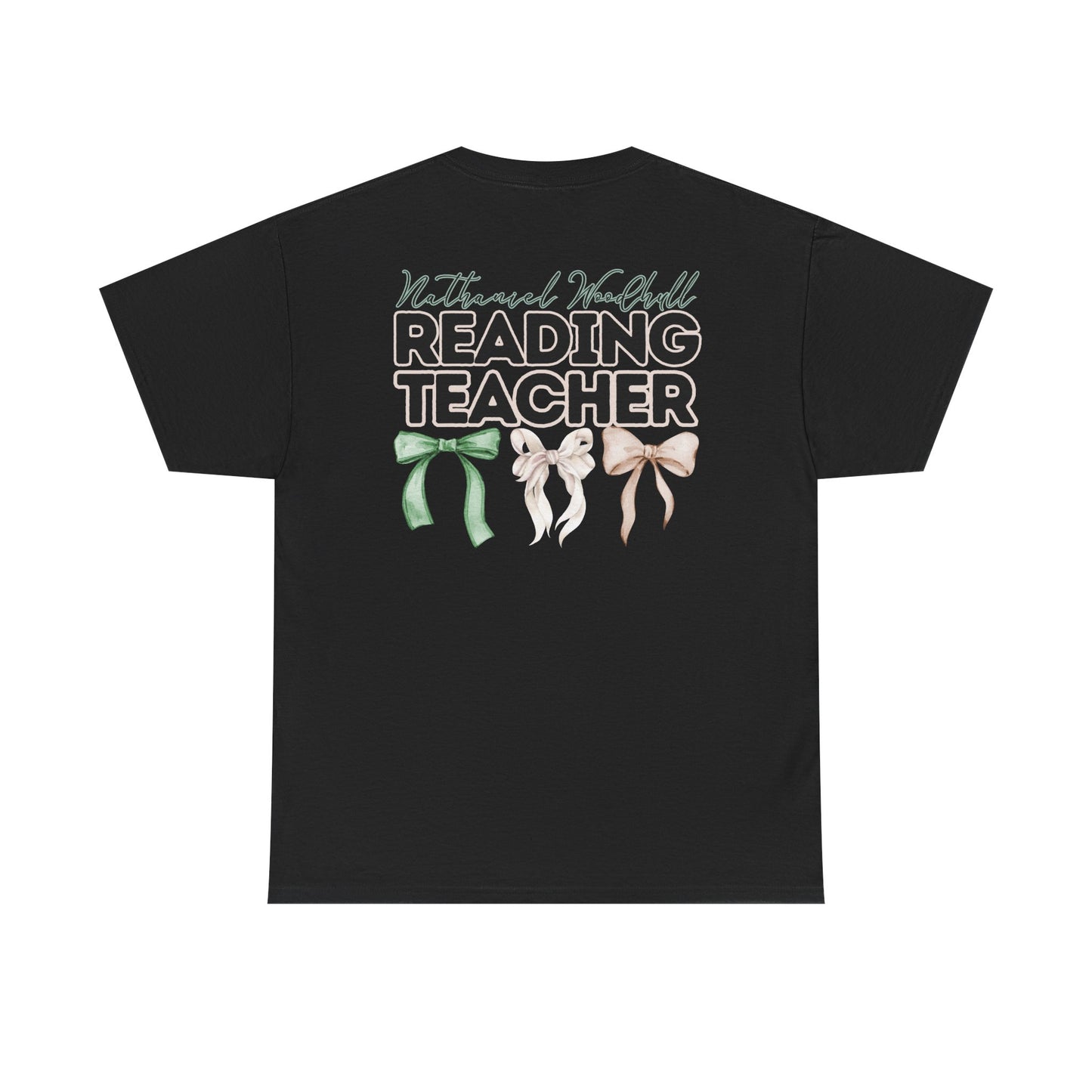 Woodhull Reading Teacher and Bows- Unisex Heavy Cotton Tee with Bow Design