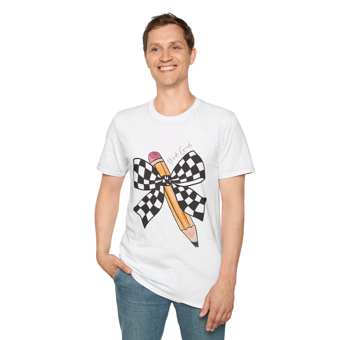 3rd Grade- Checkered Bow + Pencil- Teacher Tee- Softstyle Unisex Tee