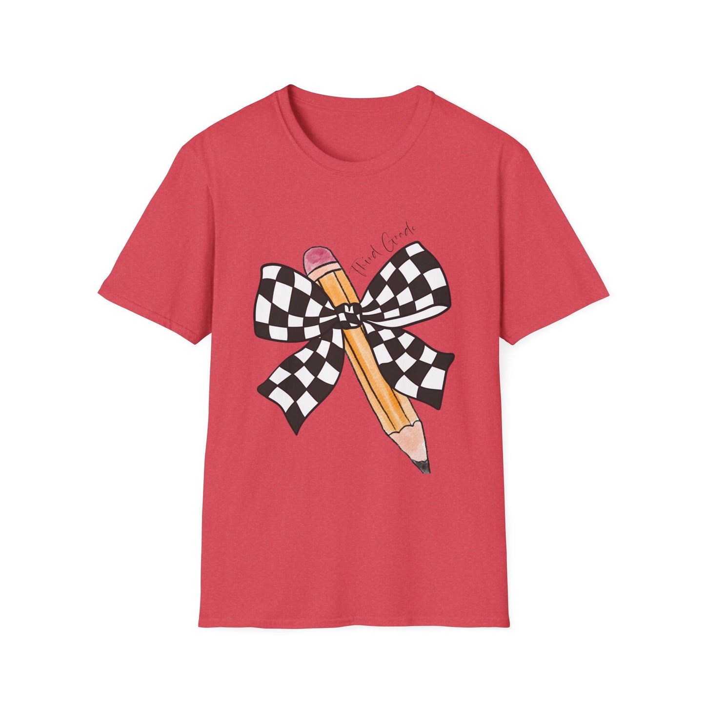 3rd Grade- Checkered Bow + Pencil- Teacher Tee- Softstyle Unisex Tee